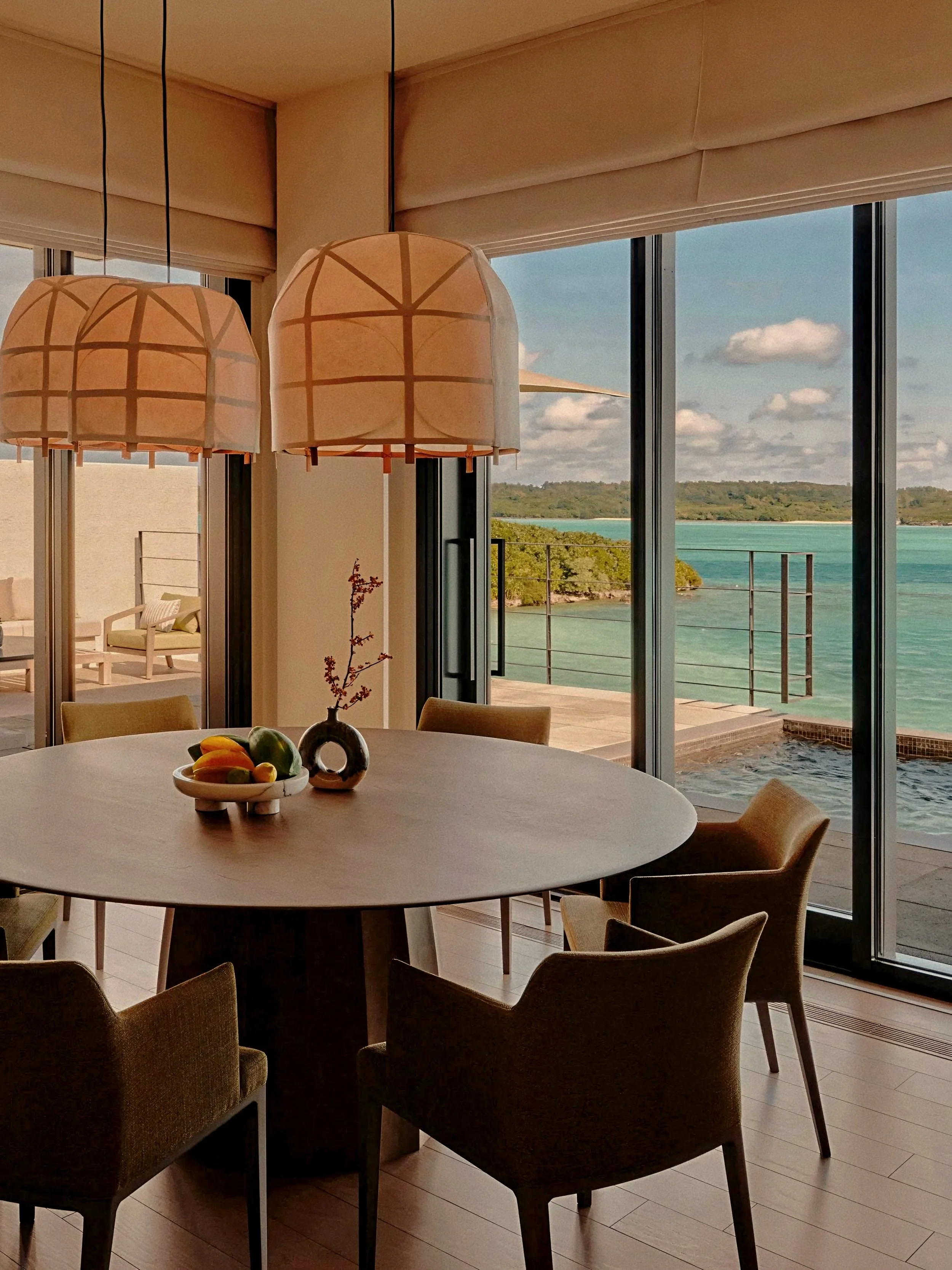 Private villa terrace dining and plunge pool at Rosewood Miyakojima luxury resort in Okinawa, Japan, Ryukyu Islands.