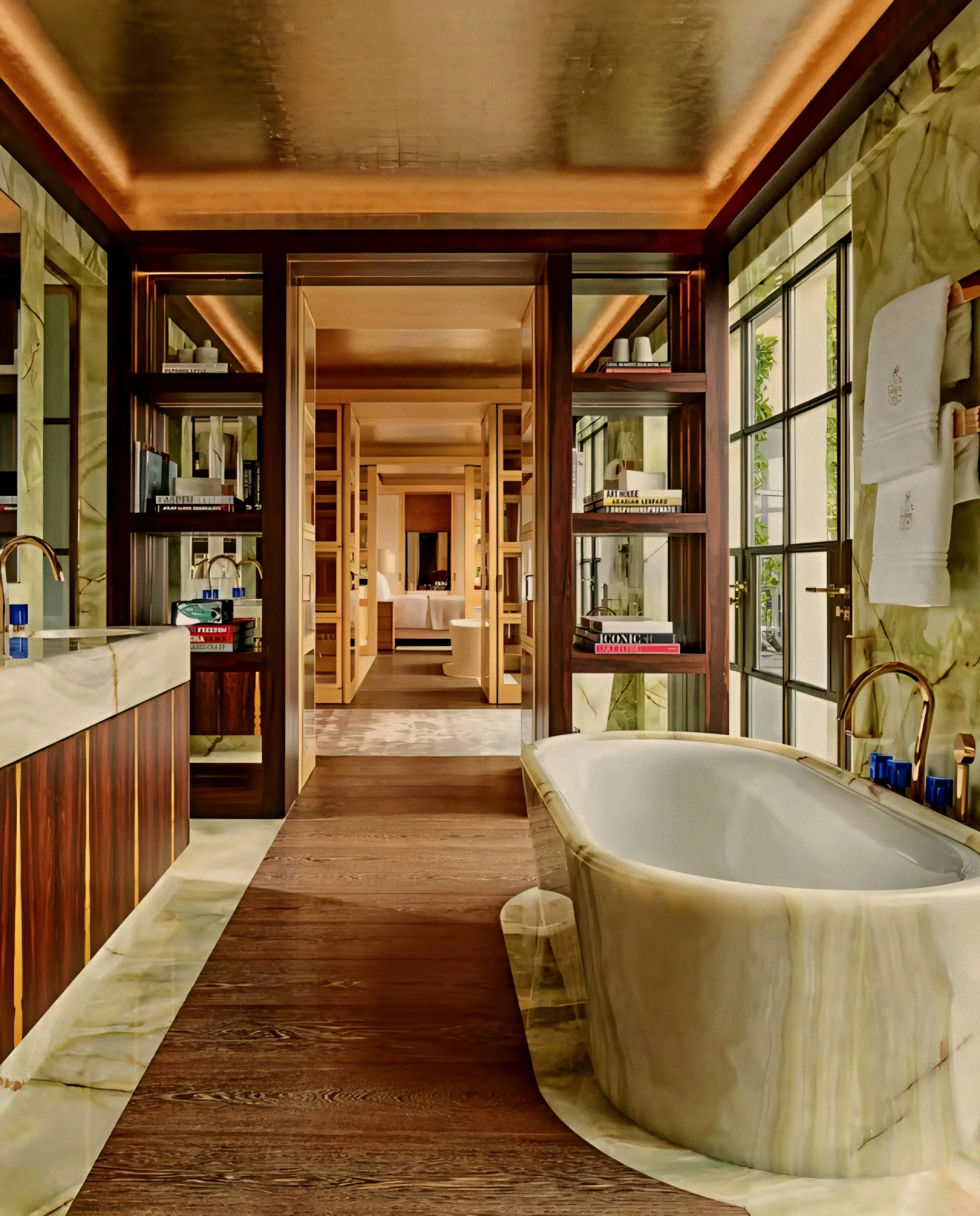 Master spa bathroom in green onyx at Claridge's Hotel Mayfair London Penthouse.
