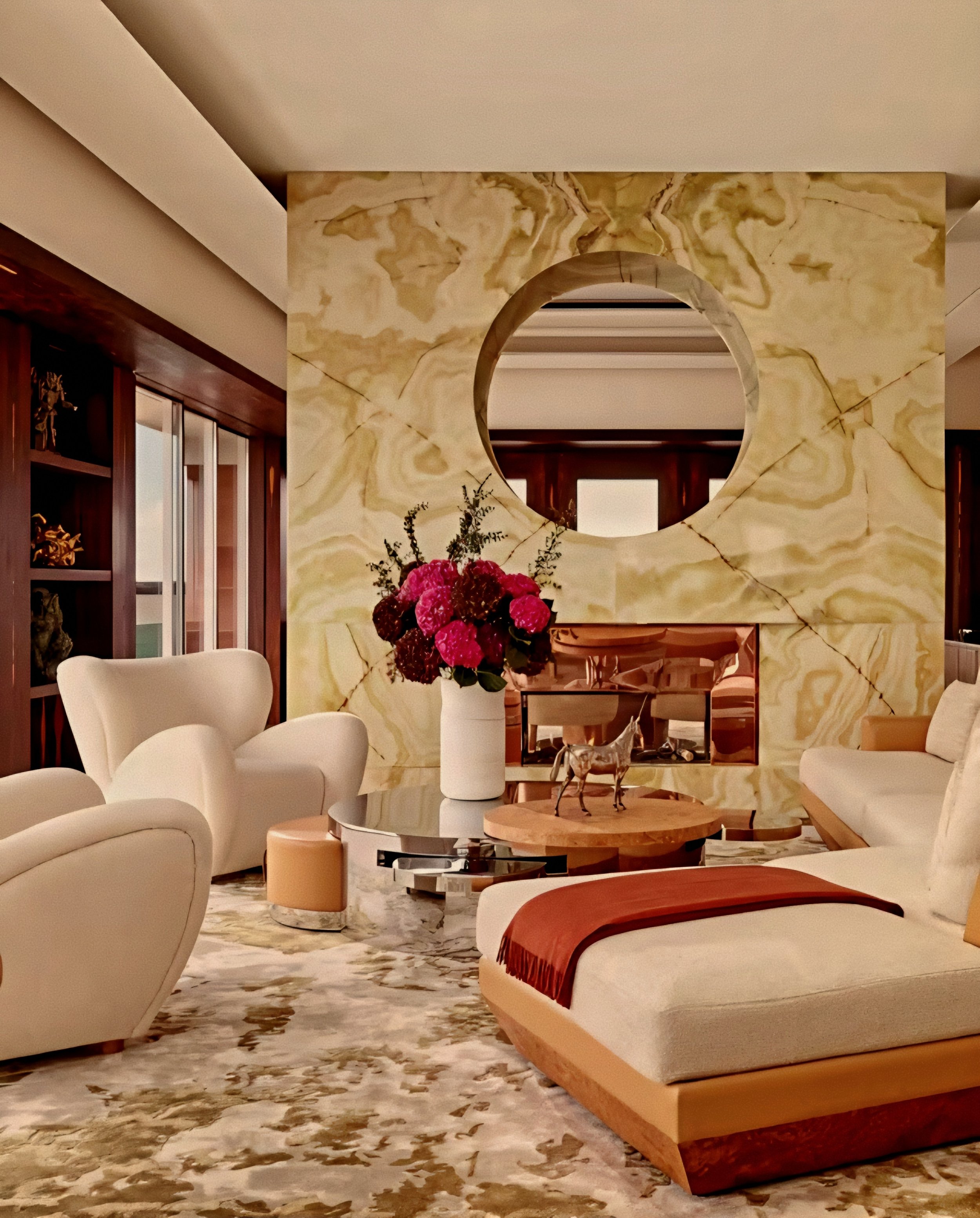 Grand salon with green onyx fireplace by Rémi Tessier at Claridge's Hotel Mayfair London Penthouse.