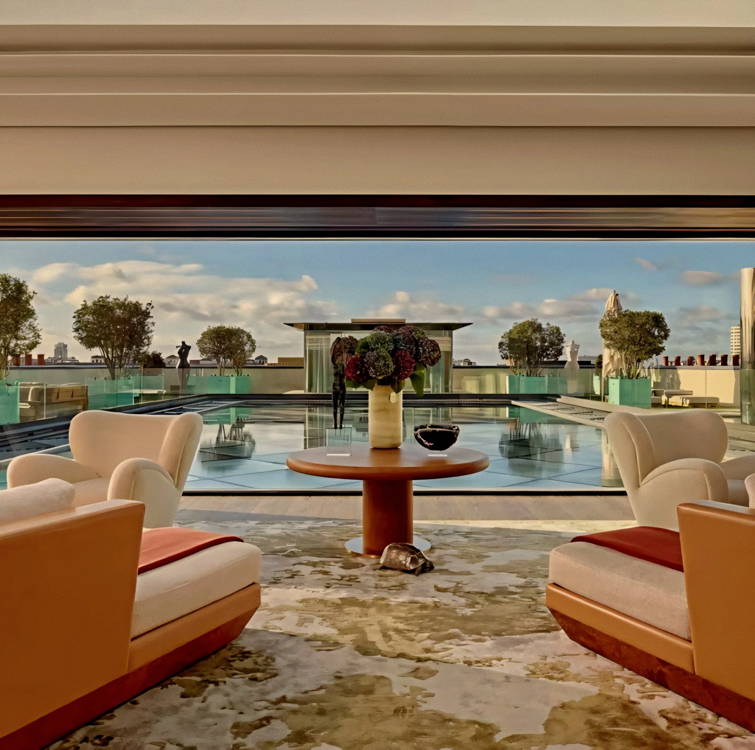 Luxury penthouse living lounge with rooftop terrace views at Claridge's Hotel Mayfair London.