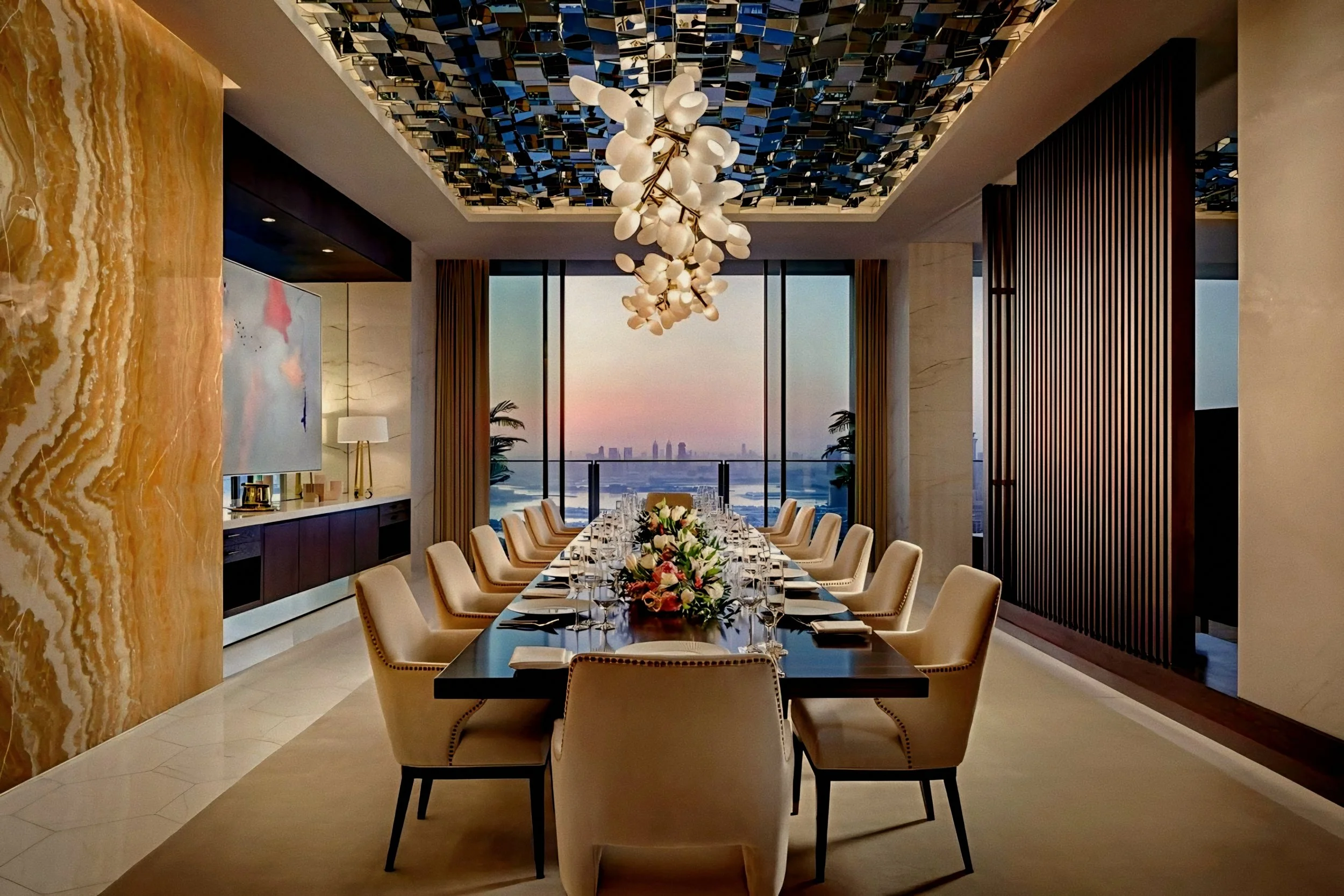 Private dining salon with honey onyx accents at Atlantis The Royal luxury beach resort palm jumeirah dubai