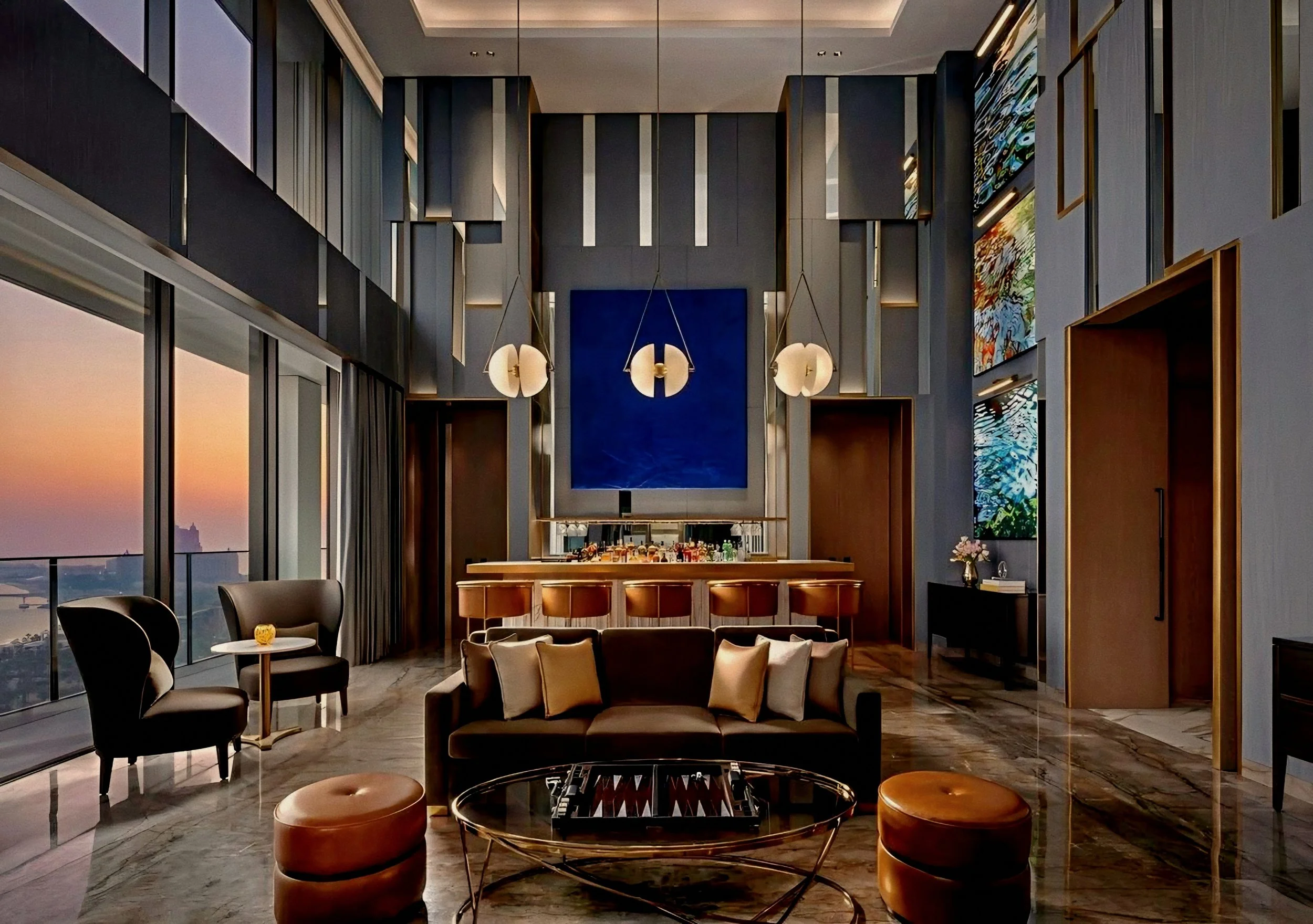 Penthouse twilight salon with sunset sky views at Atlantis The Royal luxury beach resort palm jumeirah dubai
