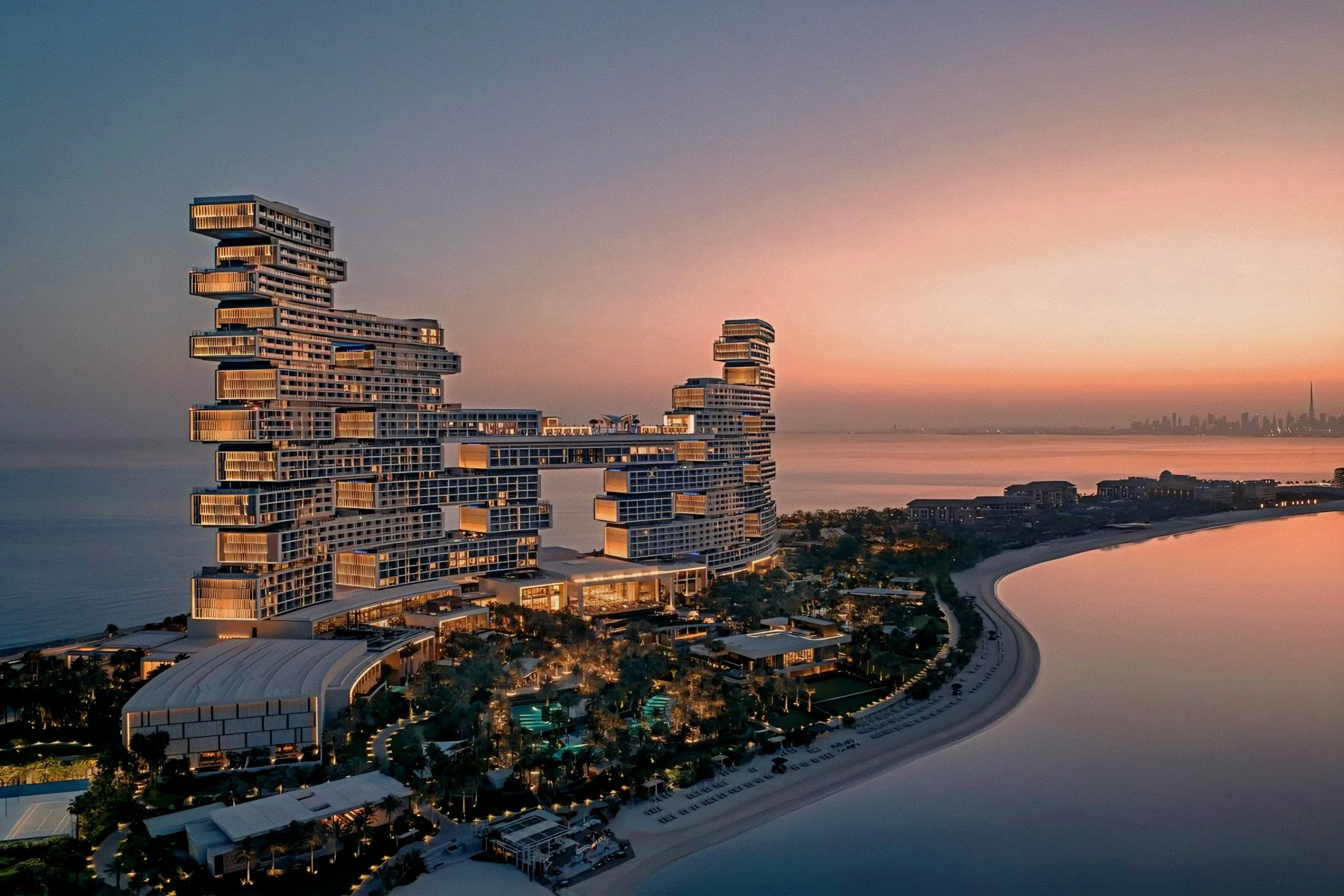 Deconstructivist cantilevered facade at dusk of Atlantis The Royal luxury beach resort palm jumeirah dubai
