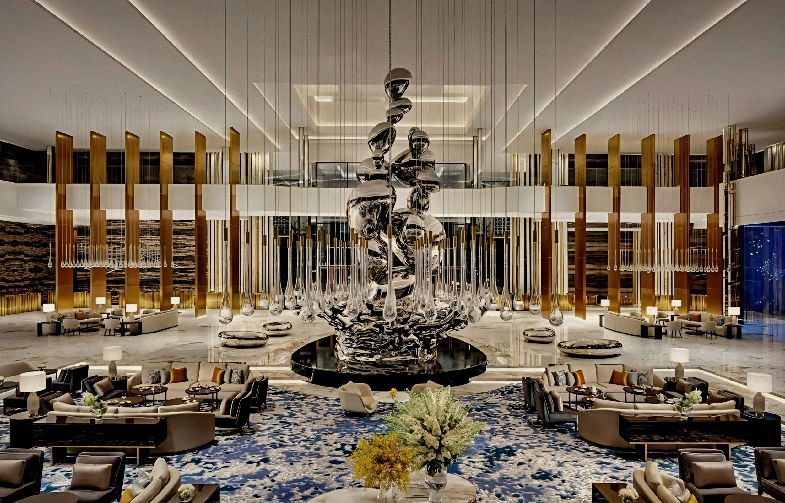 Grand lobby atrium with monumental droplet sculpture at Atlantis The Royal luxury beach resort palm jumeirah dubai