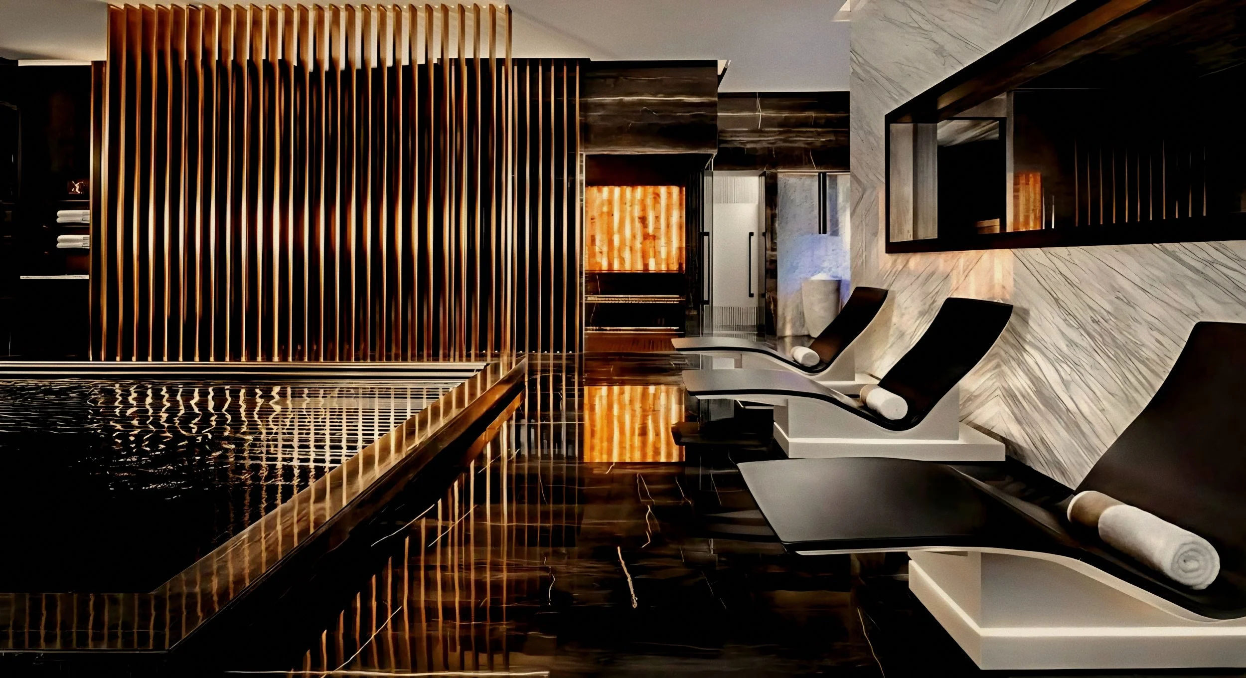 AWAKEN Spa featuring dark marble reflective pools at Atlantis The Royal luxury beach resort palm jumeirah dubai