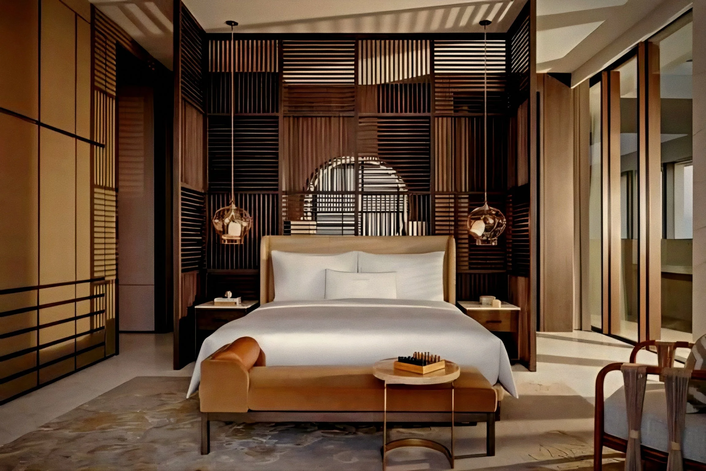 Master suite bedroom with slatted timber screen at Atlantis The Royal luxury beach resort palm jumeirah dubai