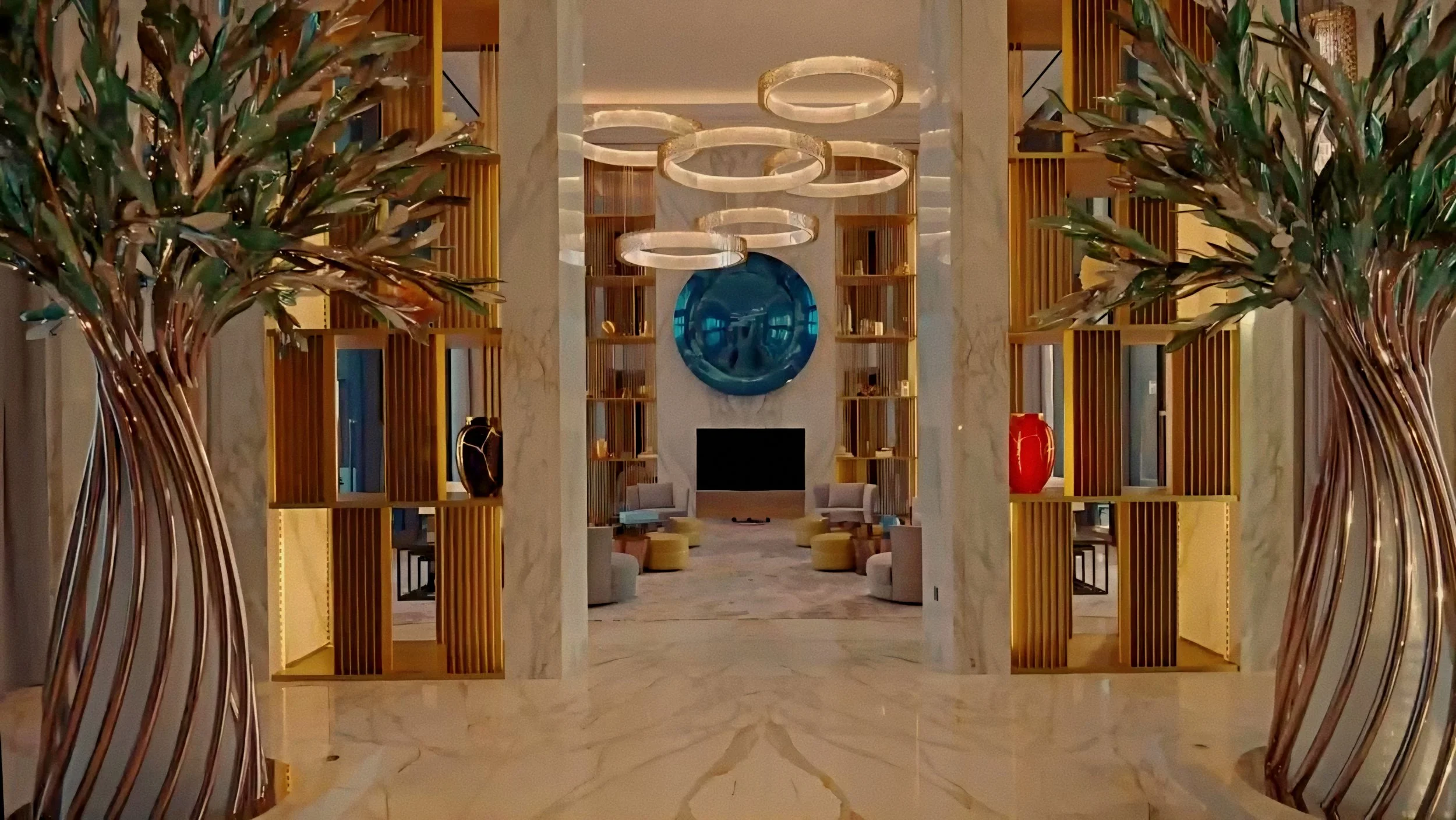 Sculptural foyer corridor with metallic tree art at Atlantis The Royal luxury beach resort palm jumeirah dubai