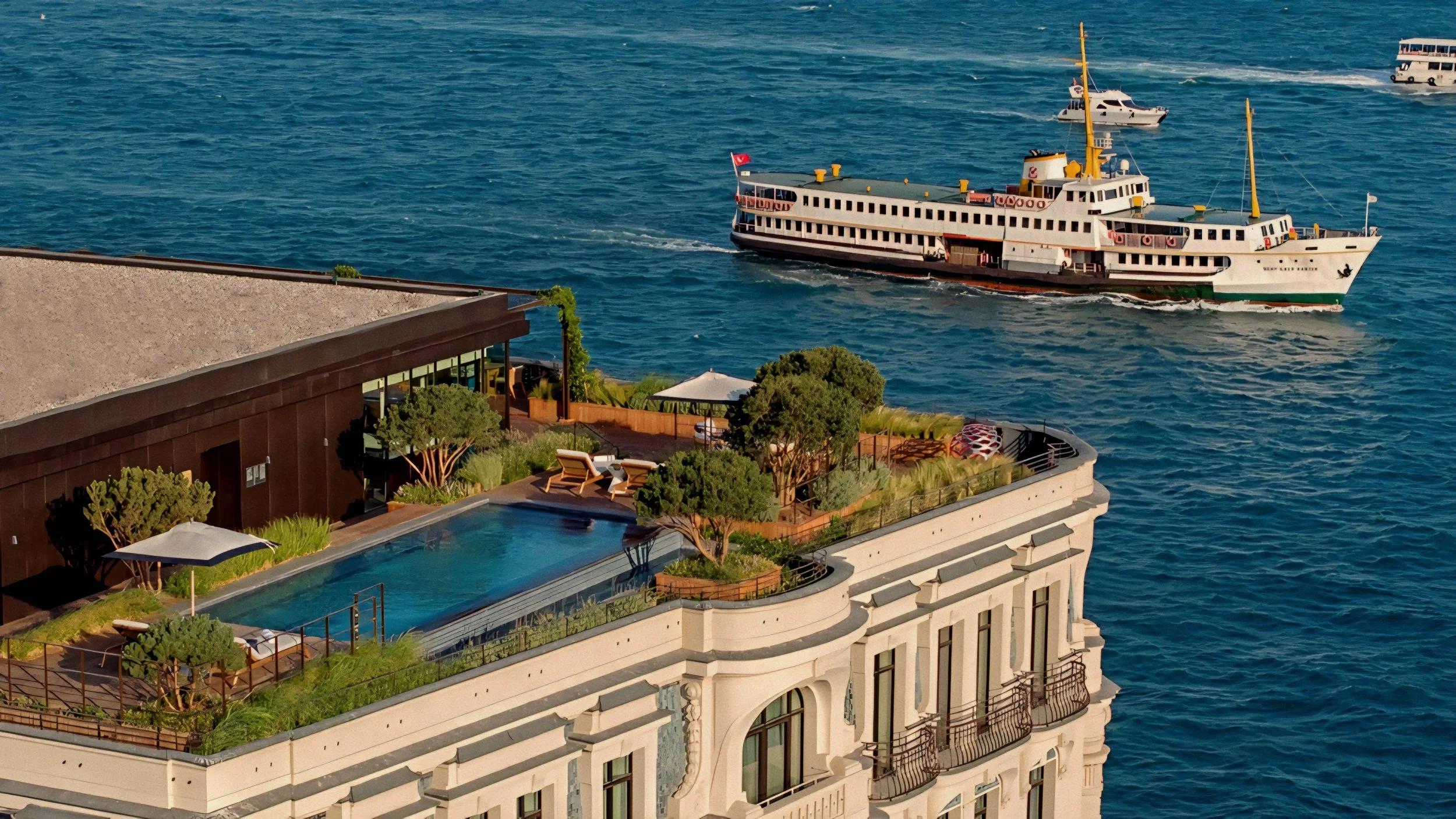 Aerial rooftop terrace view of The Peninsula Istanbul in Karaköy at Galataport along the Bosphorus.