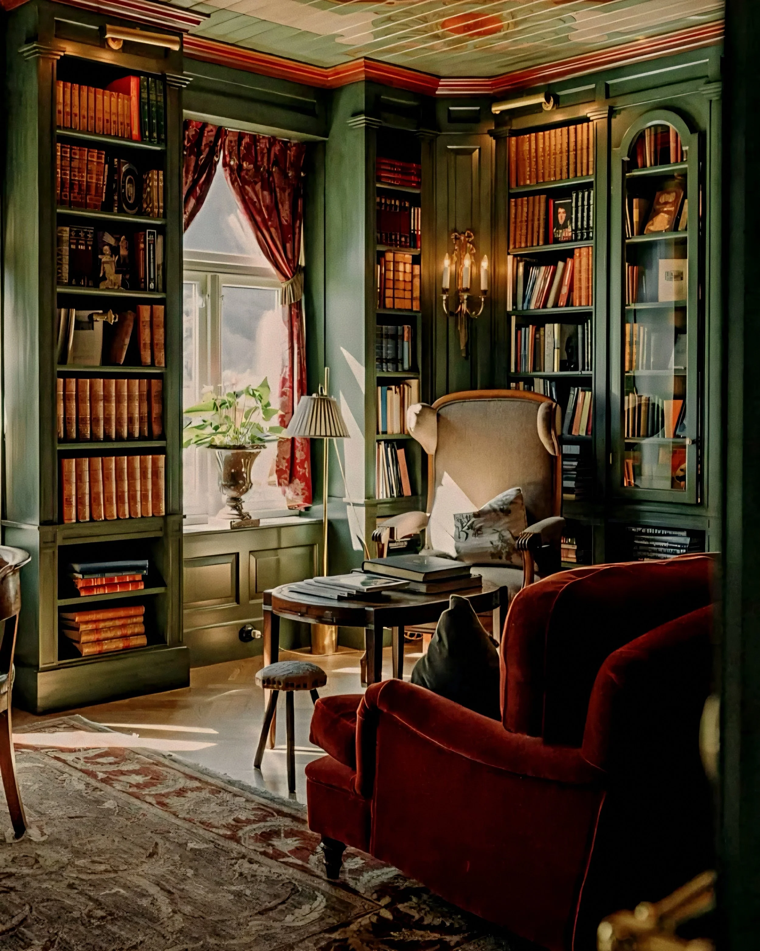 Atmospheric library lounge with velvet armchair seating at Hotel Union Øye Norway fjords