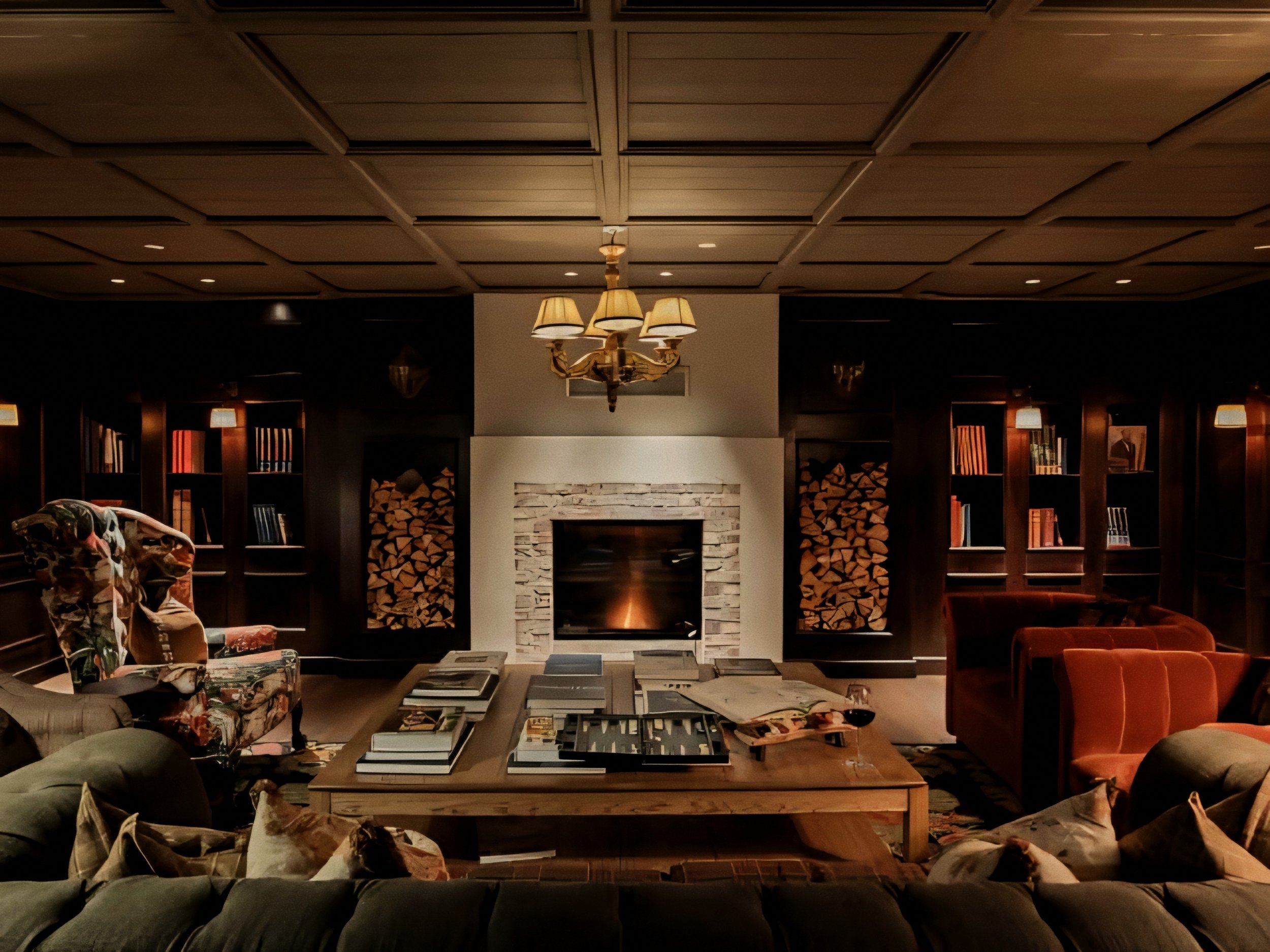 Fireside living salon featuring coffered timber ceilings at Hotel Union Øye Norway fjords