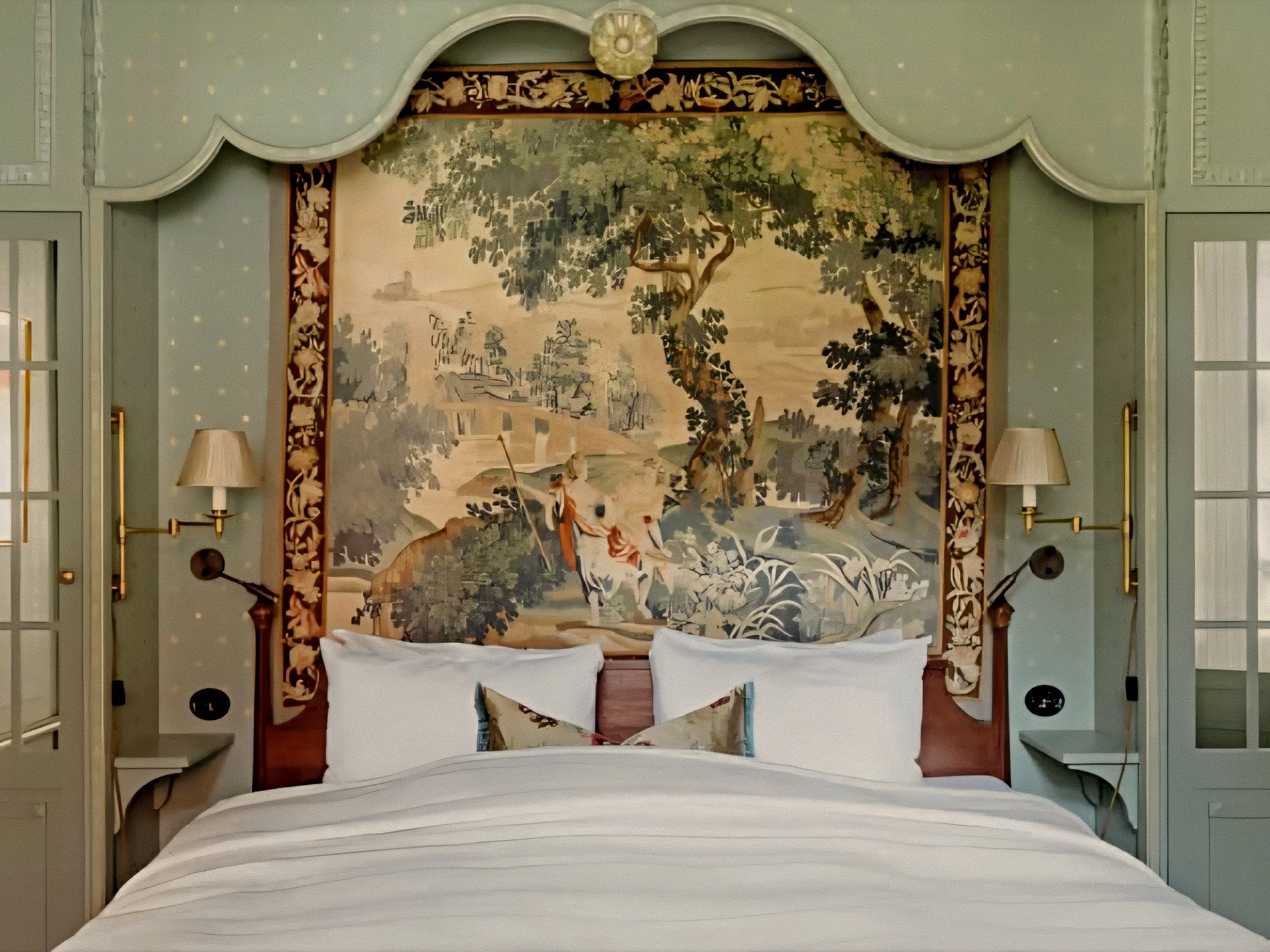 Aristocratic bedroom suite with antique tapestry headboard at Hotel Union Øye Norway fjords