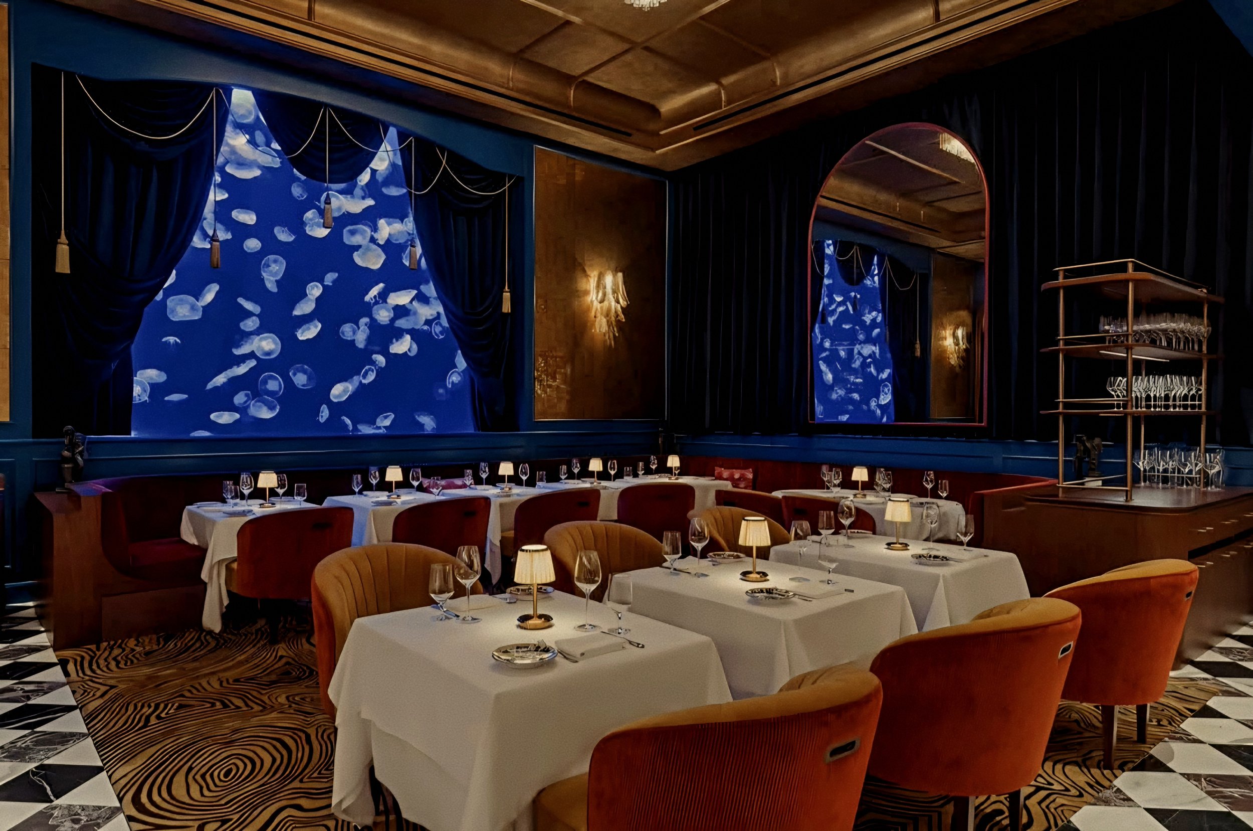 Carbone Dubai Michelin star Italian restaurant at Atlantis The Royal Palm Jumeirah aquarium view.