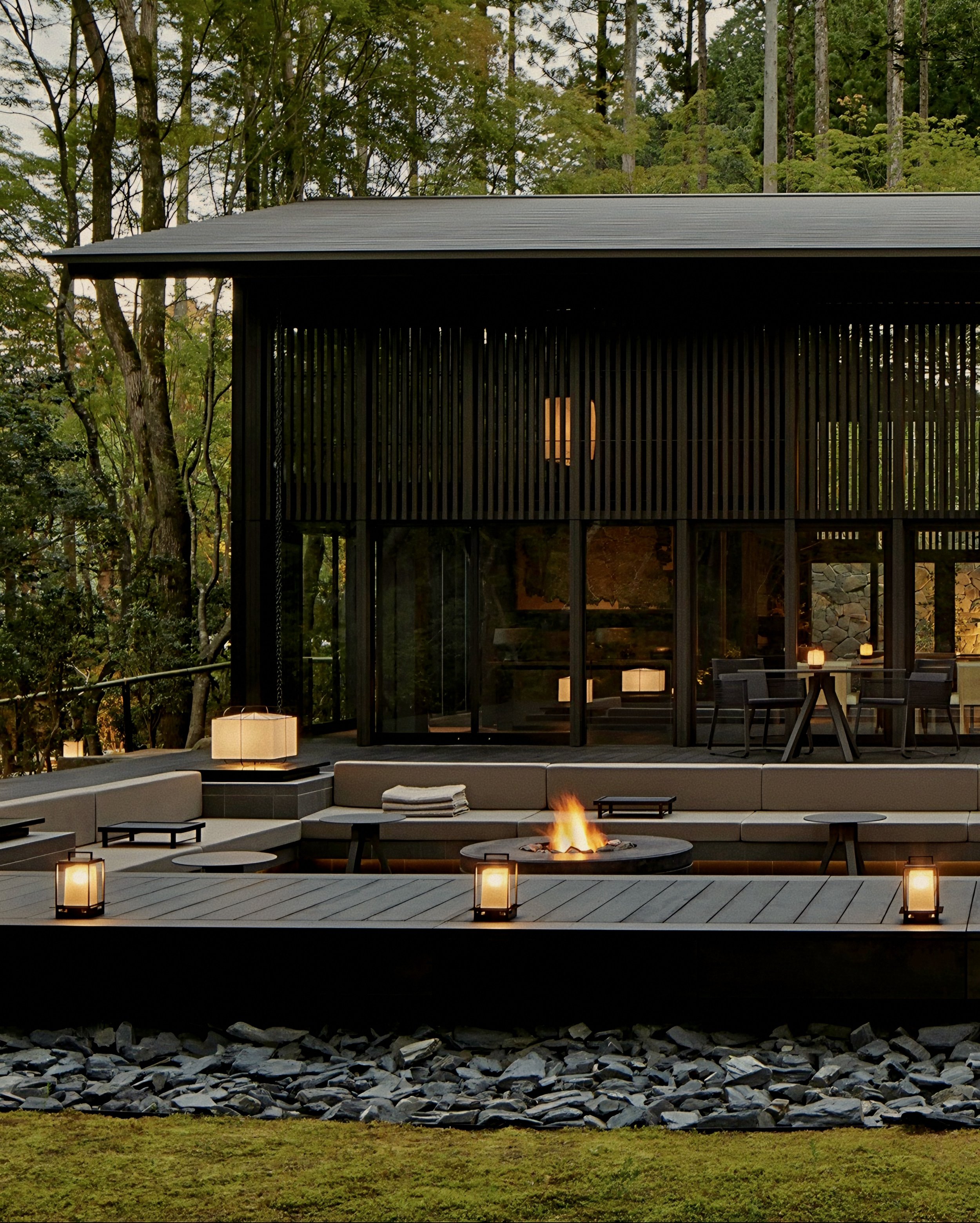 Modern dark timber architecture at Aman Kyoto luxury onsen spa and ryokan in Japan.