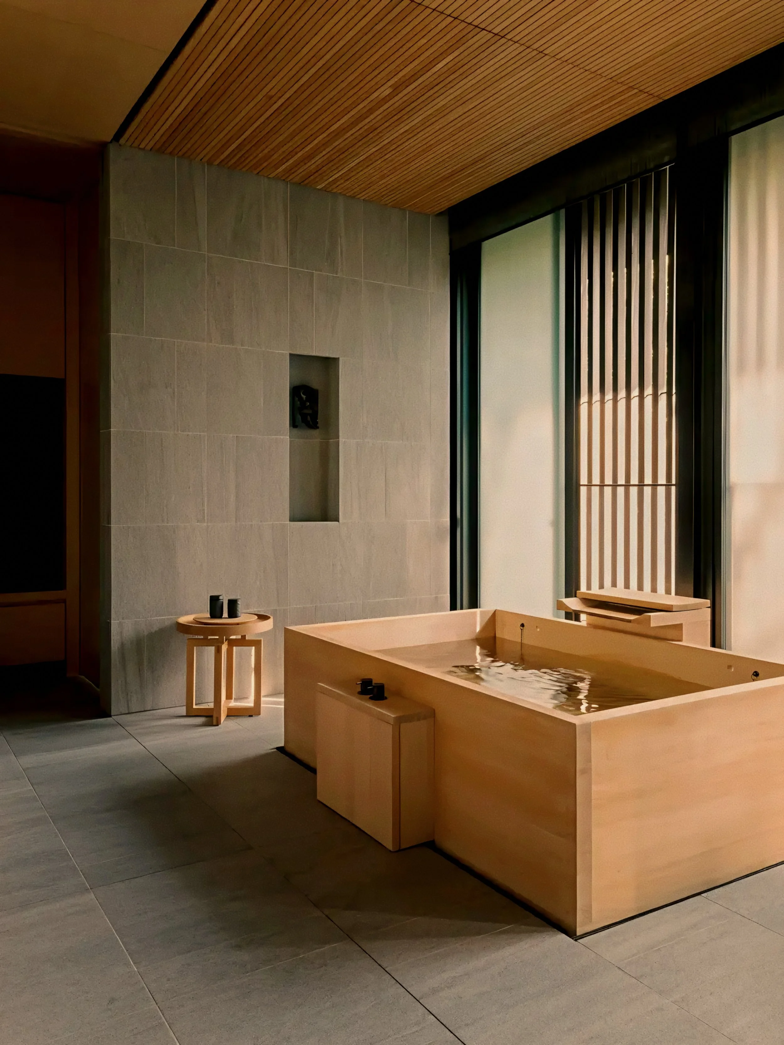 Hinoki wood soaking tub at Aman Kyoto luxury onsen spa and ryokan in Japan.
