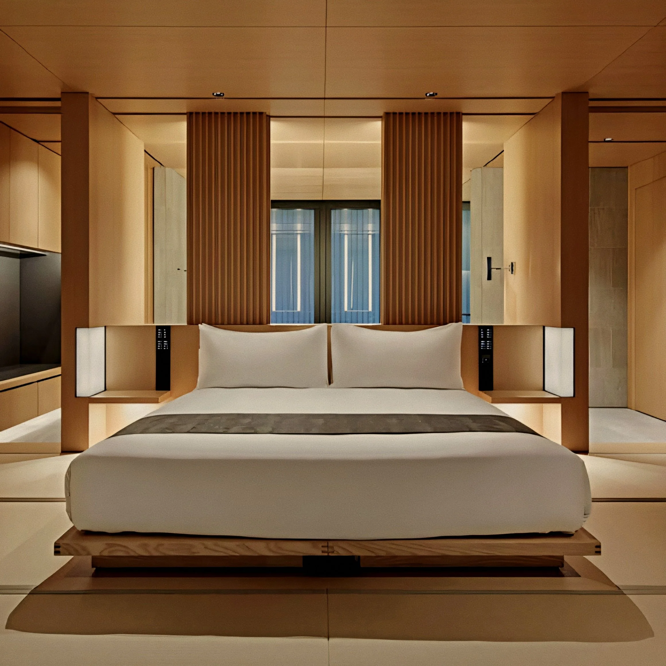 Minimalist bedroom suite at Aman Kyoto luxury onsen spa and ryokan in Japan.