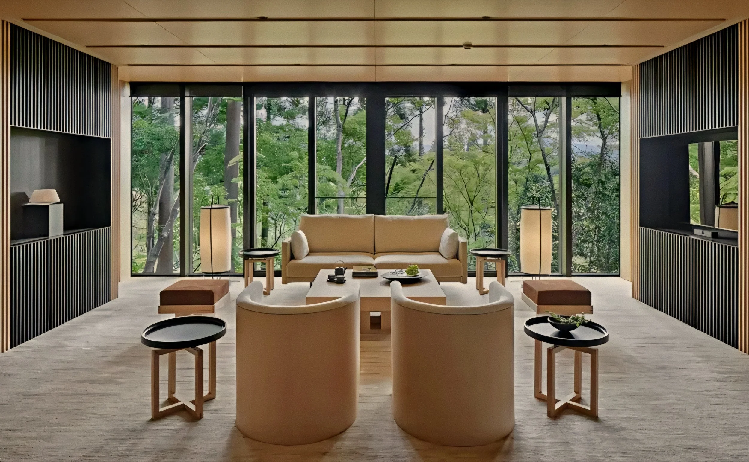 Minimalist living room interior at Aman Kyoto luxury onsen spa and ryokan in Japan.
