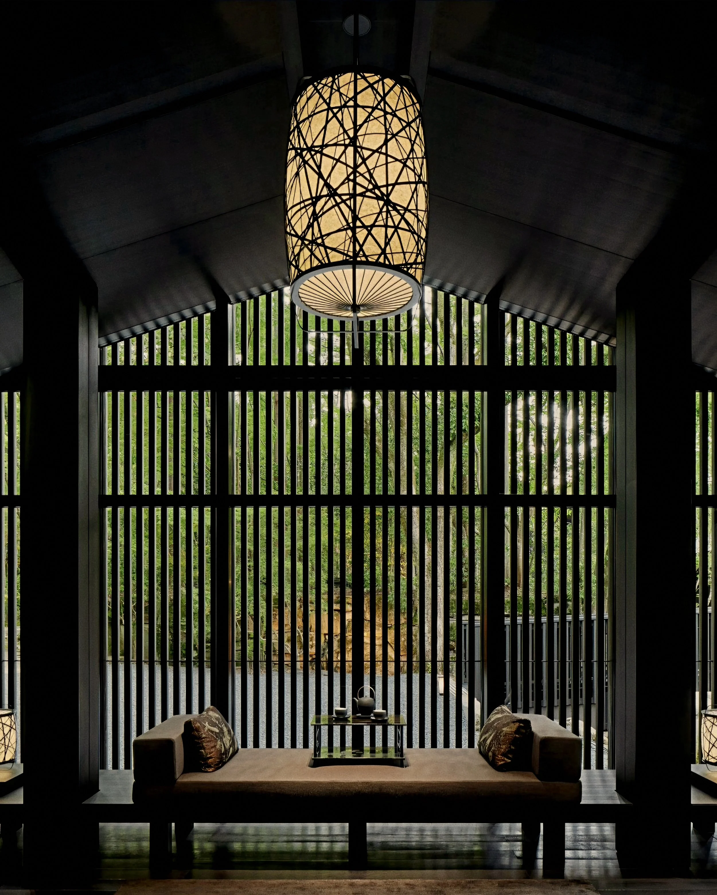 Arrival pavilion interior at Aman Kyoto luxury onsen spa and ryokan in Japan.