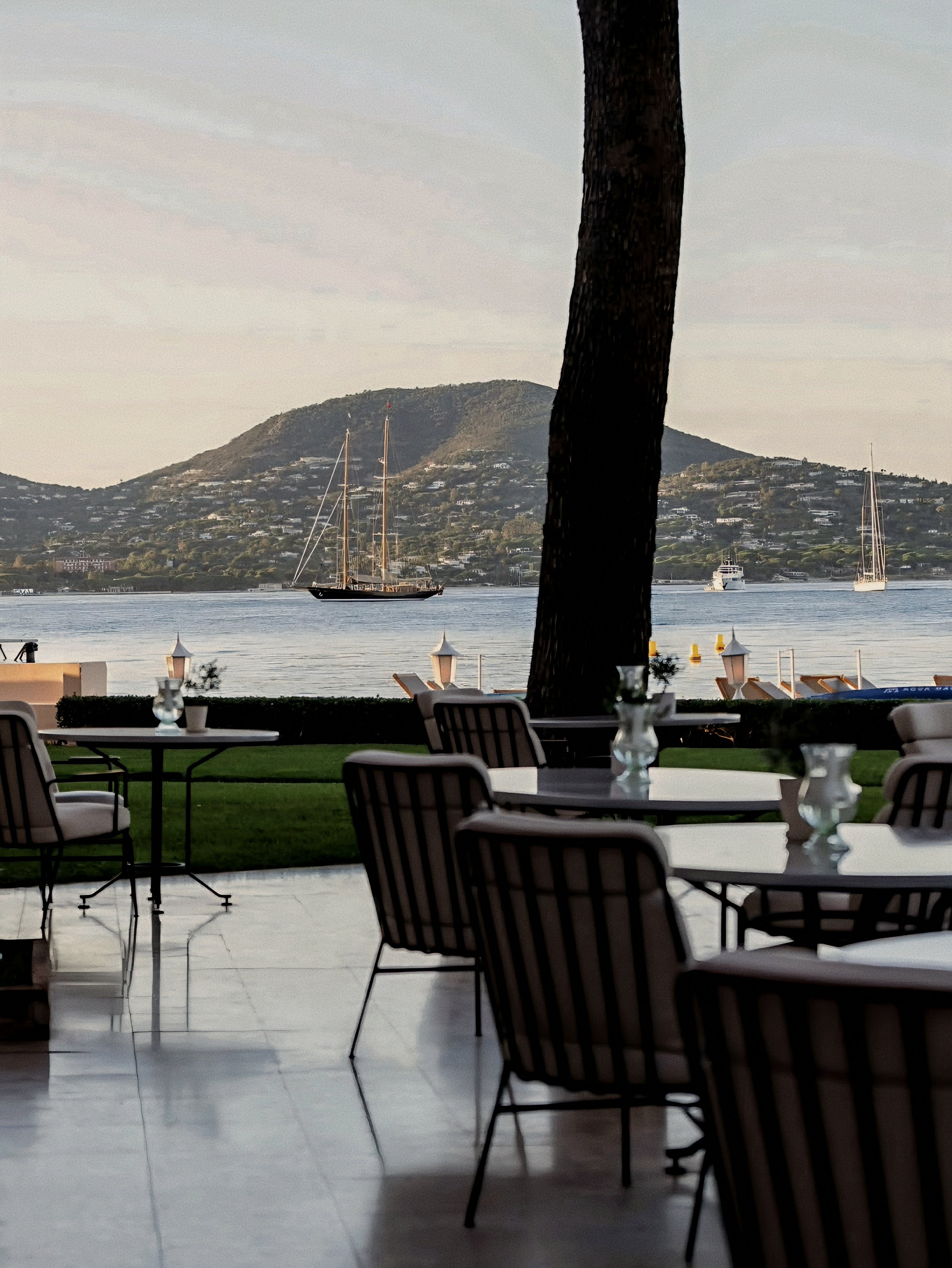 Terrace views and Arnaud Donckele restaurant at La Vague d'Or Saint Tropez three Michelin-Starred Restaurant in France.