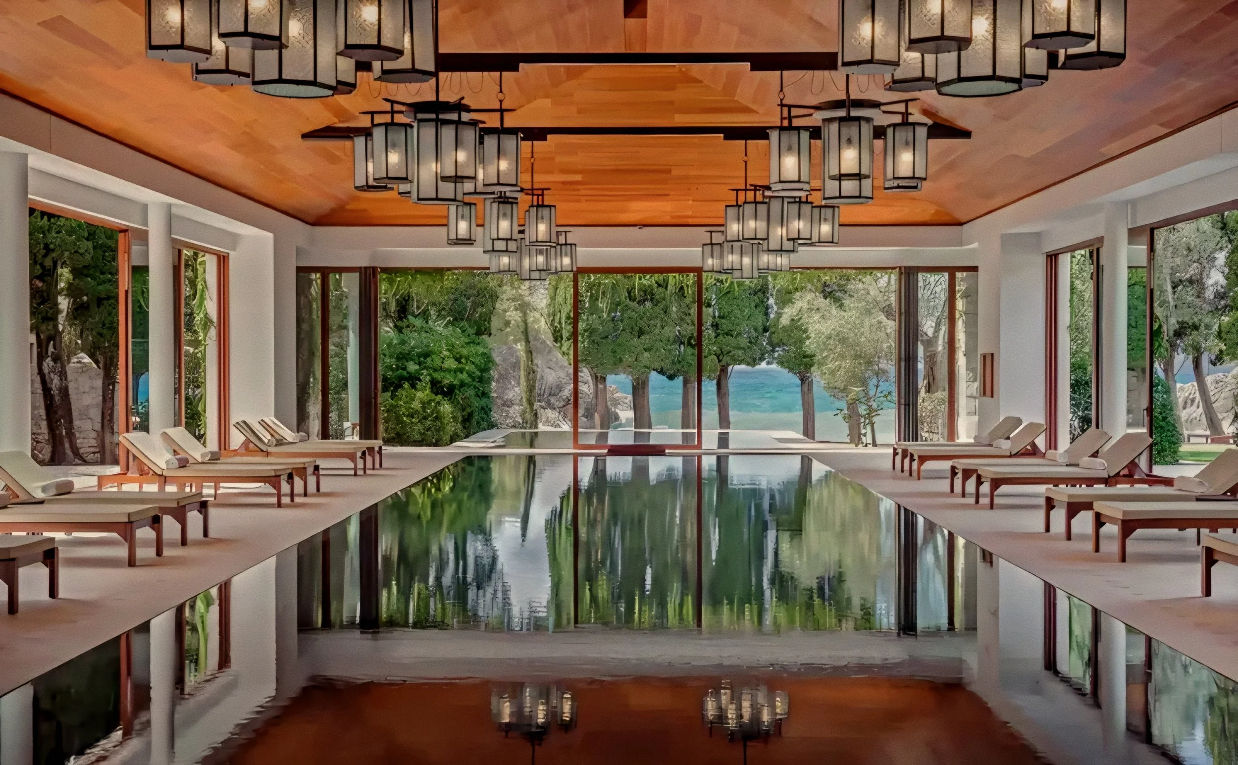 Mirror-like indoor lap pool and pendant lanterns Aman Sveti Stefan Luxury Resort in Montenegro.