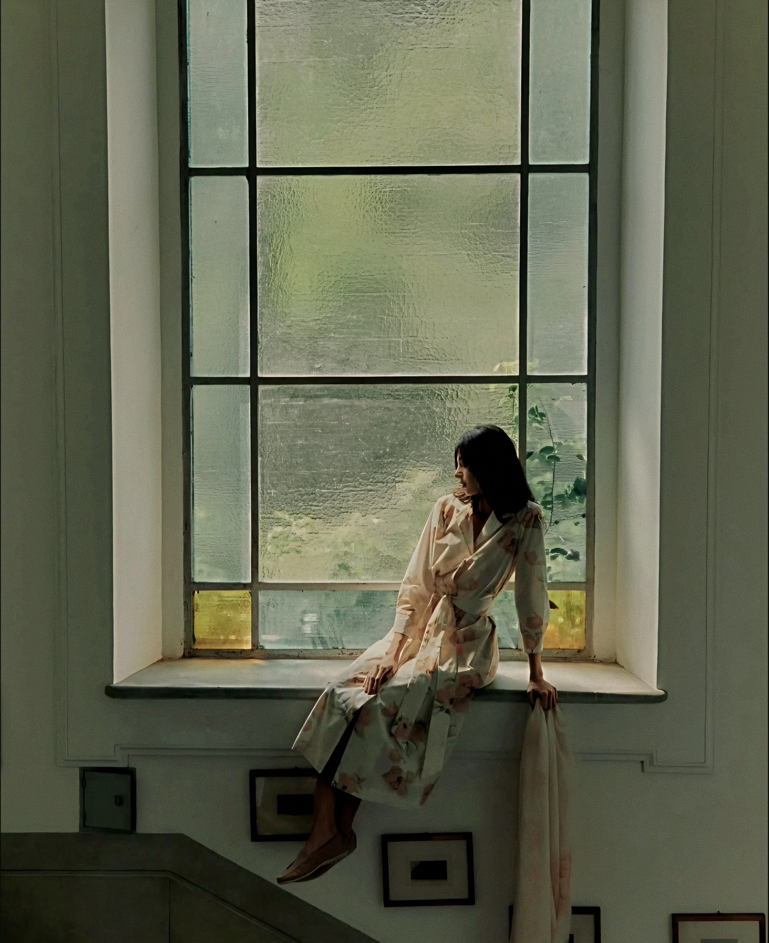 Printed gossamer cashmere gown by Lanificio Colombo framed in a sunlit architectural window alcove in Piedmont, Italy.