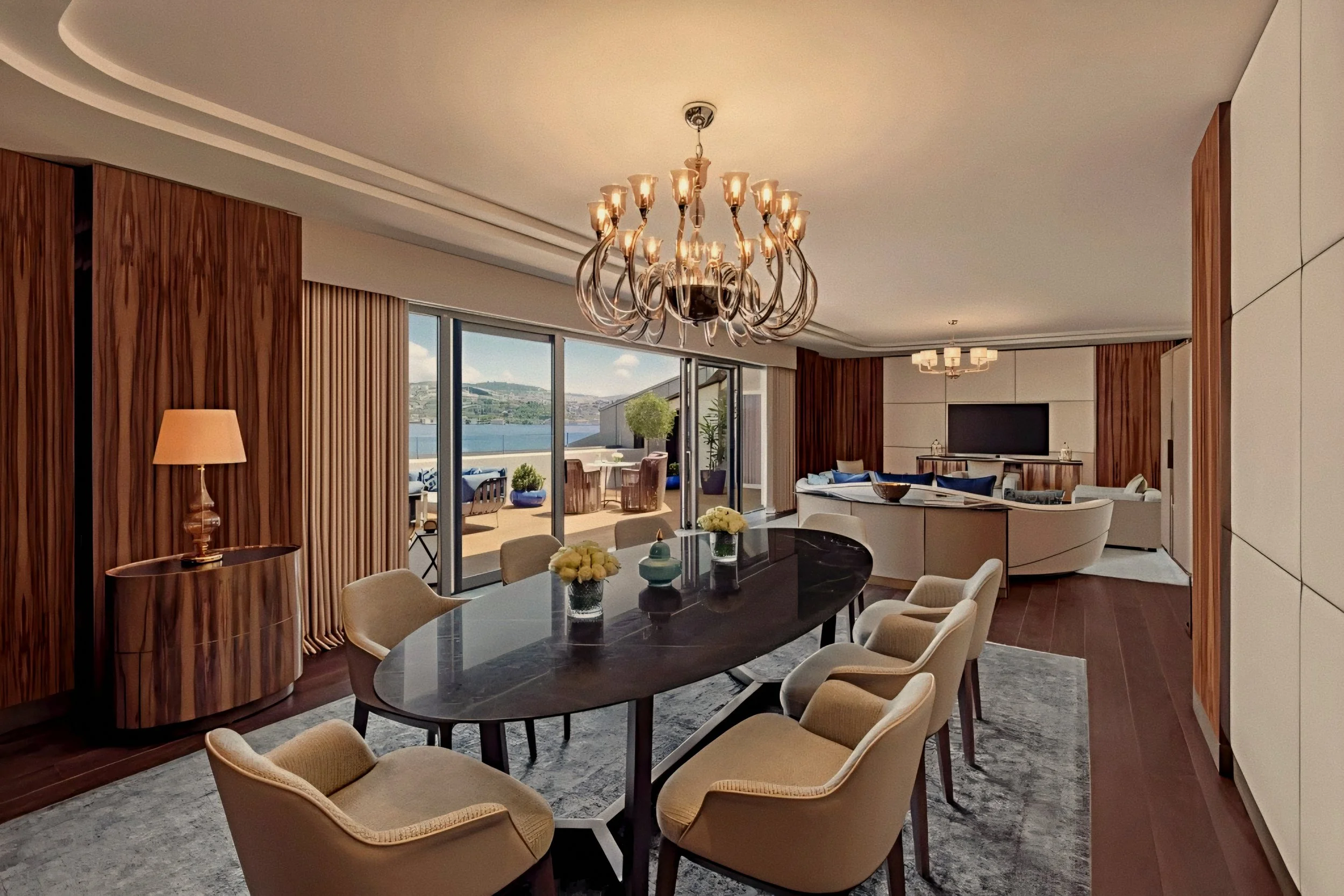 Dark marble refectory table in private suite dining salon at Mandarin Oriental Bosphorus, Istanbul.