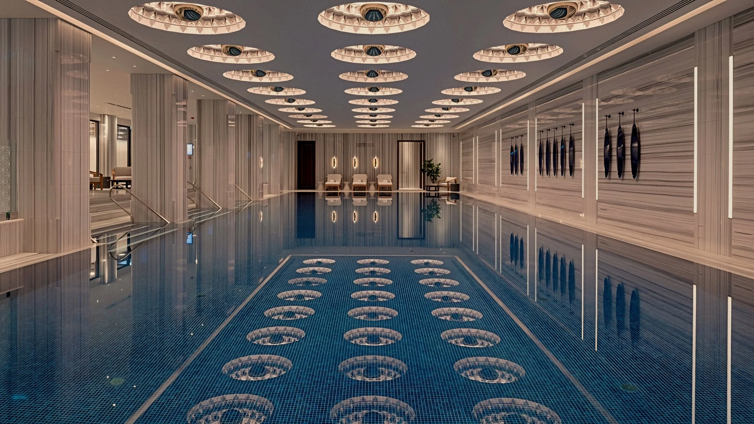 Luxury Marmara marble indoor thermal pool at The Peninsula Istanbul in Karaköy by Galataport along the Bosphorus.