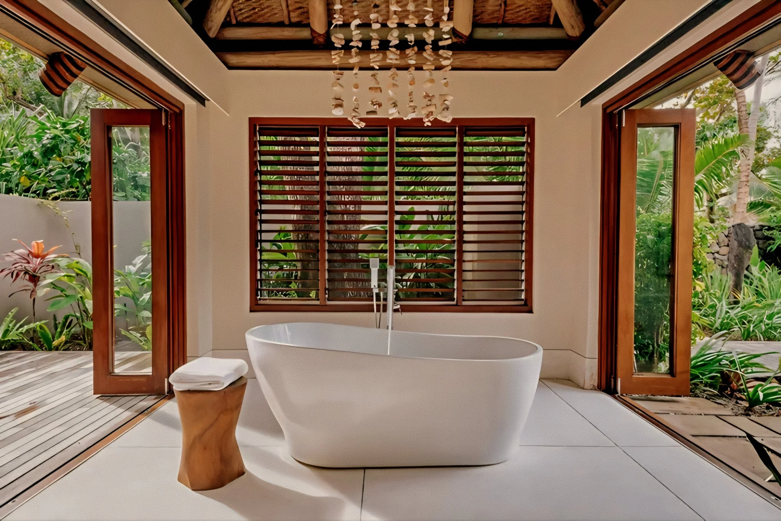 Sunlit bath pavilion opening to private gardens at Yaukuve Spa, Kokomo Private Island, Fiji.