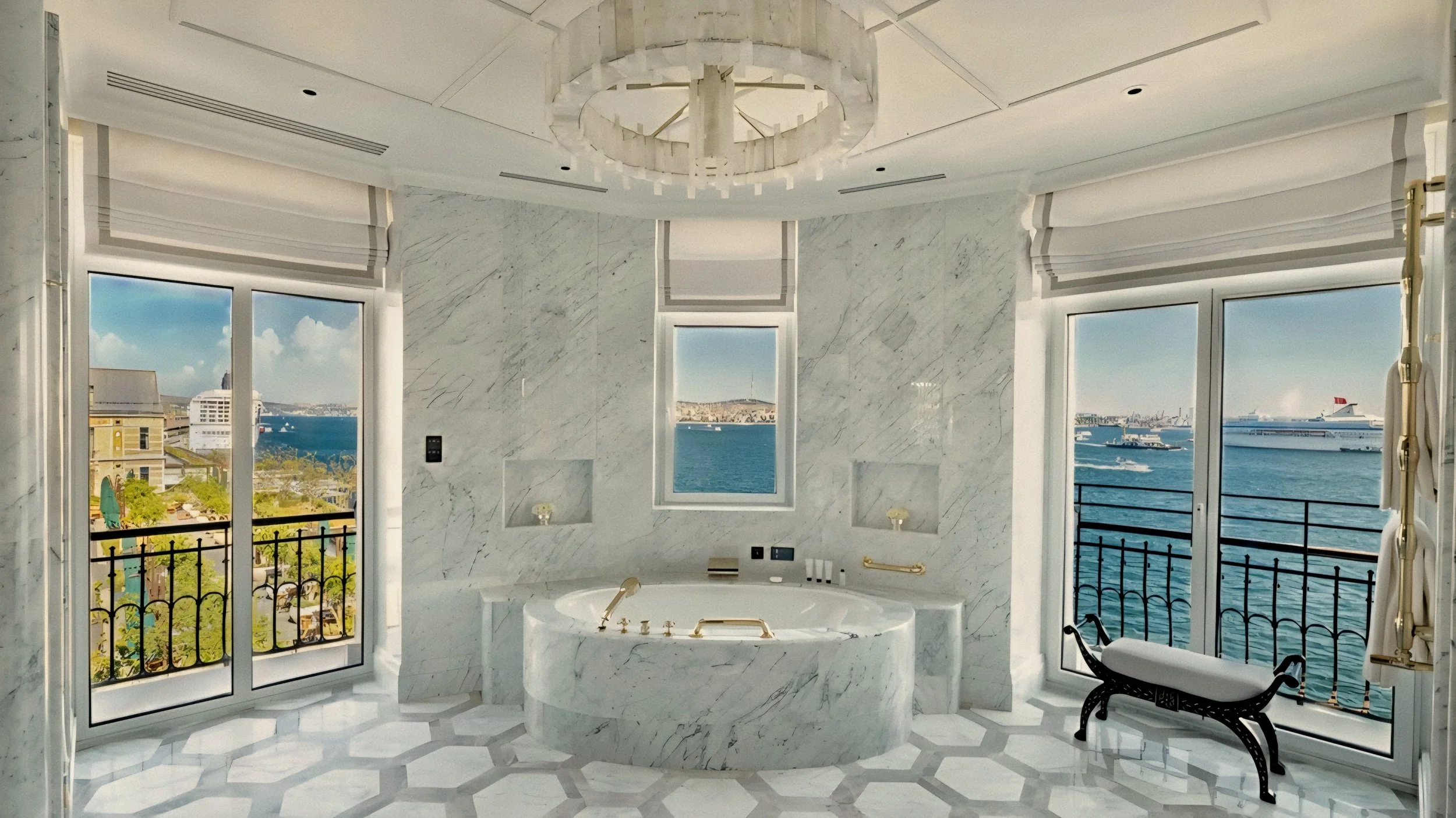 Marmara marble master bath tub at The Peninsula Istanbul in Karaköy at Galataport facing the Bosphorus.