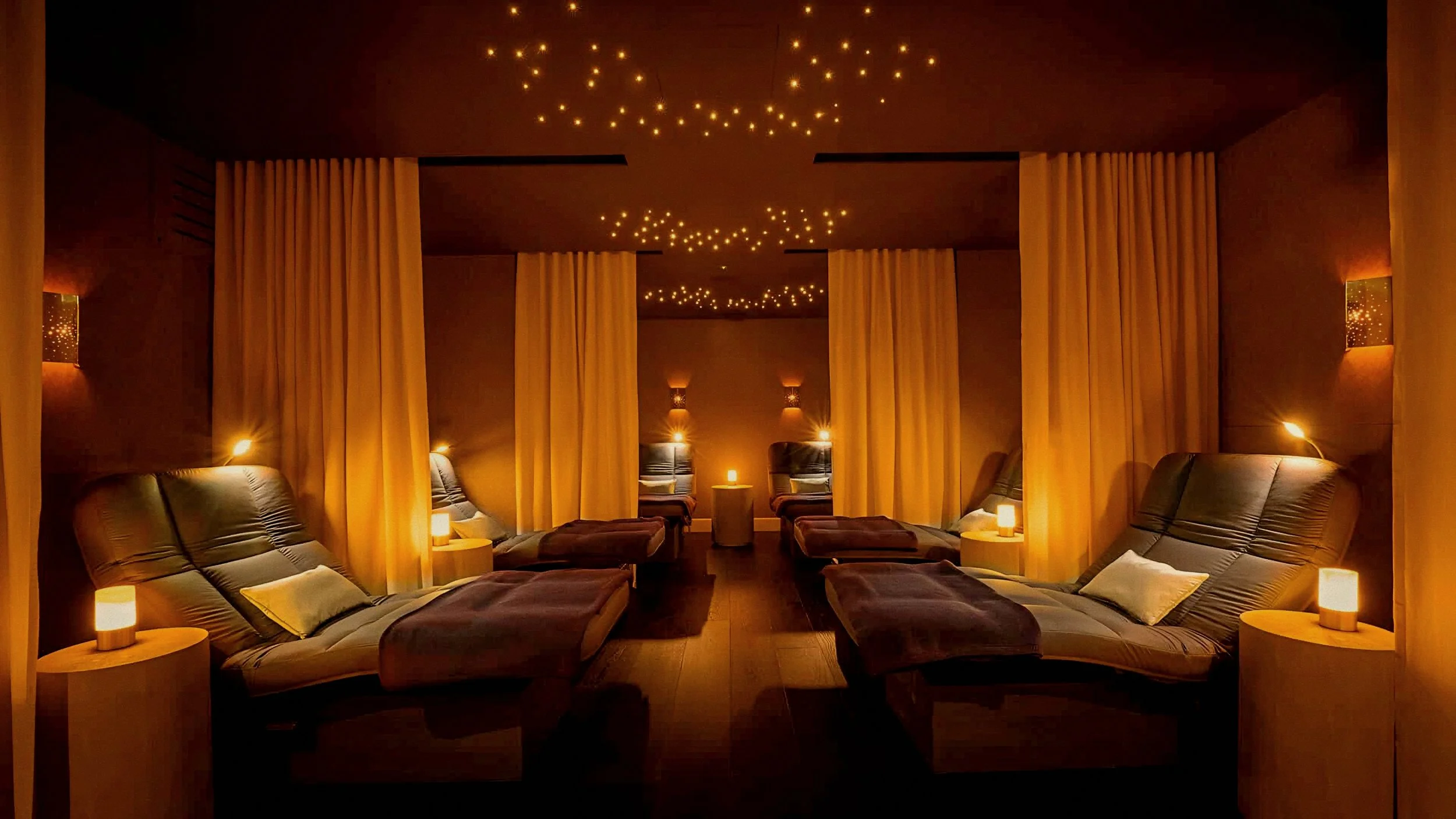 Star-lit ceiling and slatted timber screens in spa suite at Adare Manor luxury hotel in Ireland.