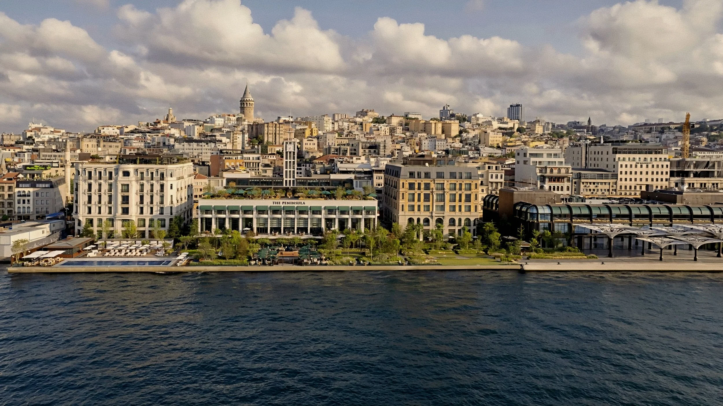 Historic waterfront architecture of The Peninsula Istanbul in Karaköy at Galataport along the Bosphorus.