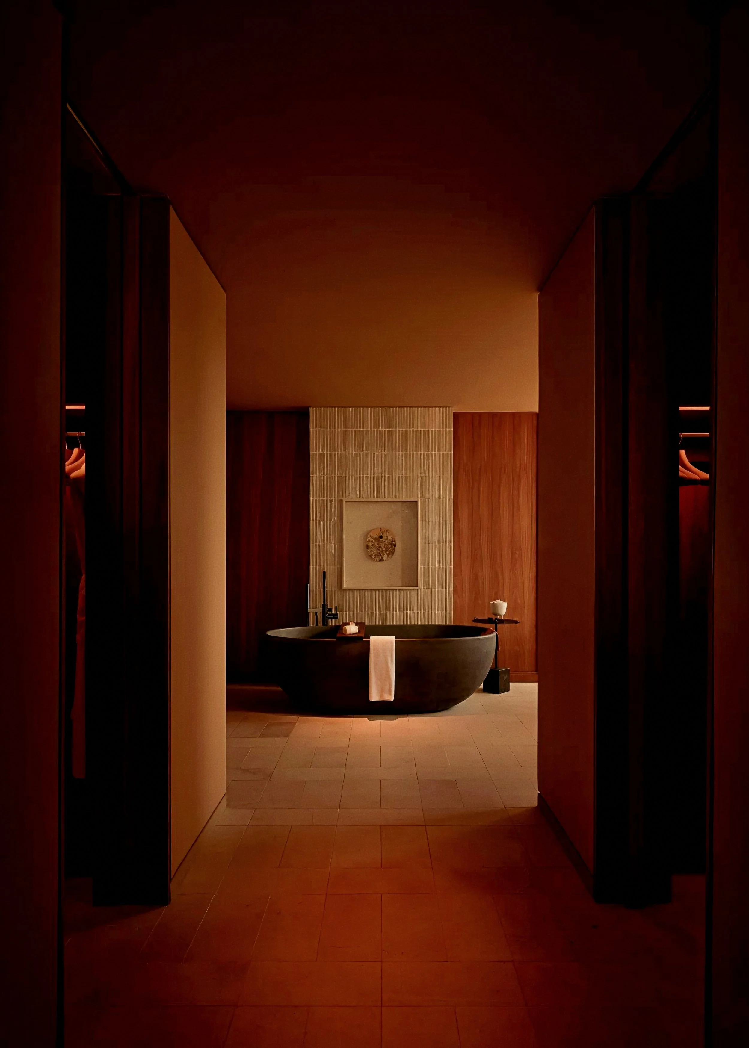 Monolithic stone soaking tub at Rosewood Mandarina, Monteón luxury resort in Riviera Nayarit, Mexico.
