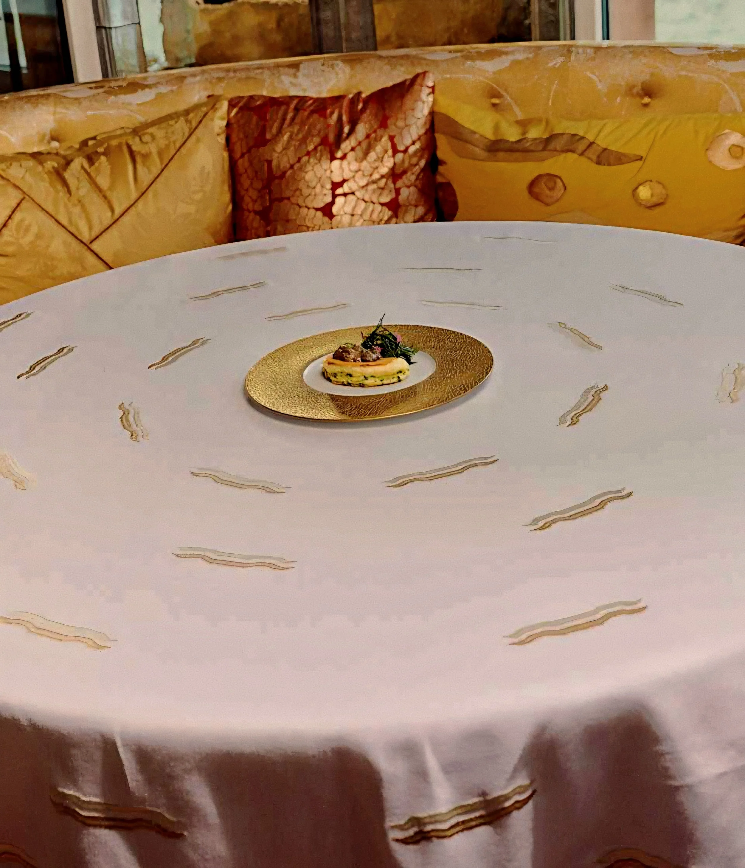 Gourmet table setting and gold plate at Oro Michelin-Starred Restaurant Belmond Hotel Cipriani Venice, Italy.