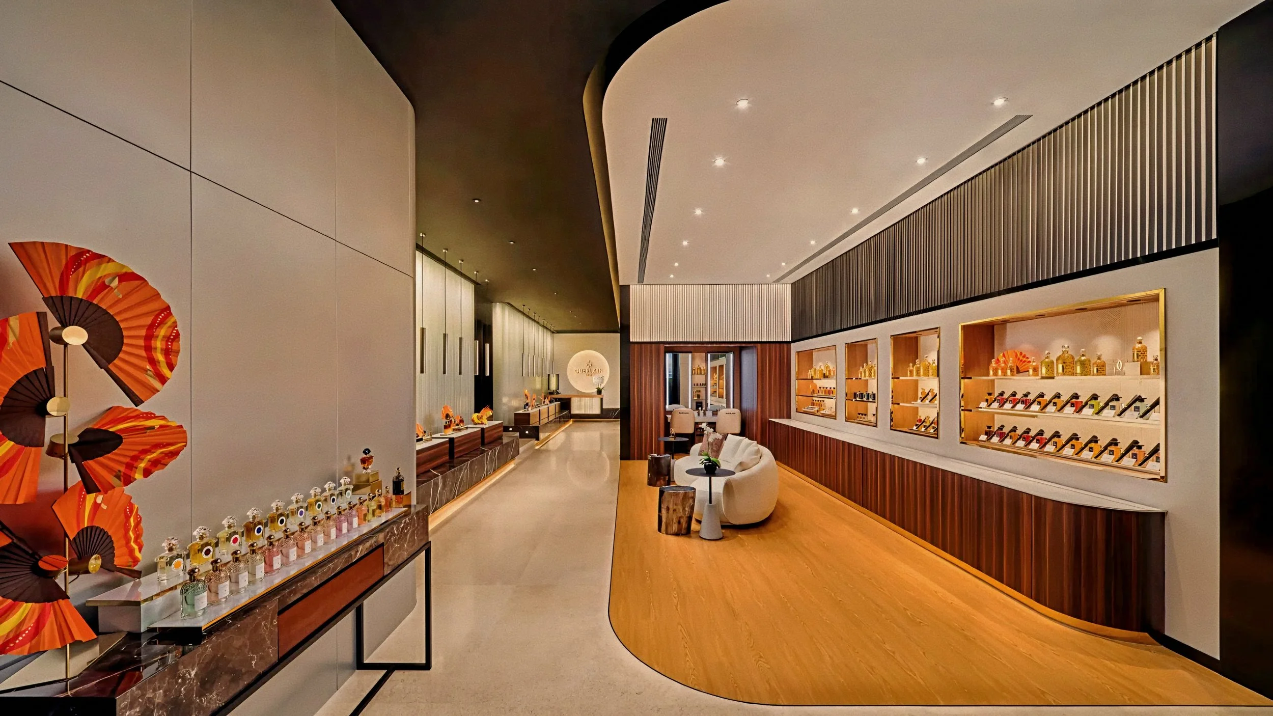 Fluted wall panels and curved timber fragrance lounge At The PuXuan Hotel and Spa in Beijing, China.