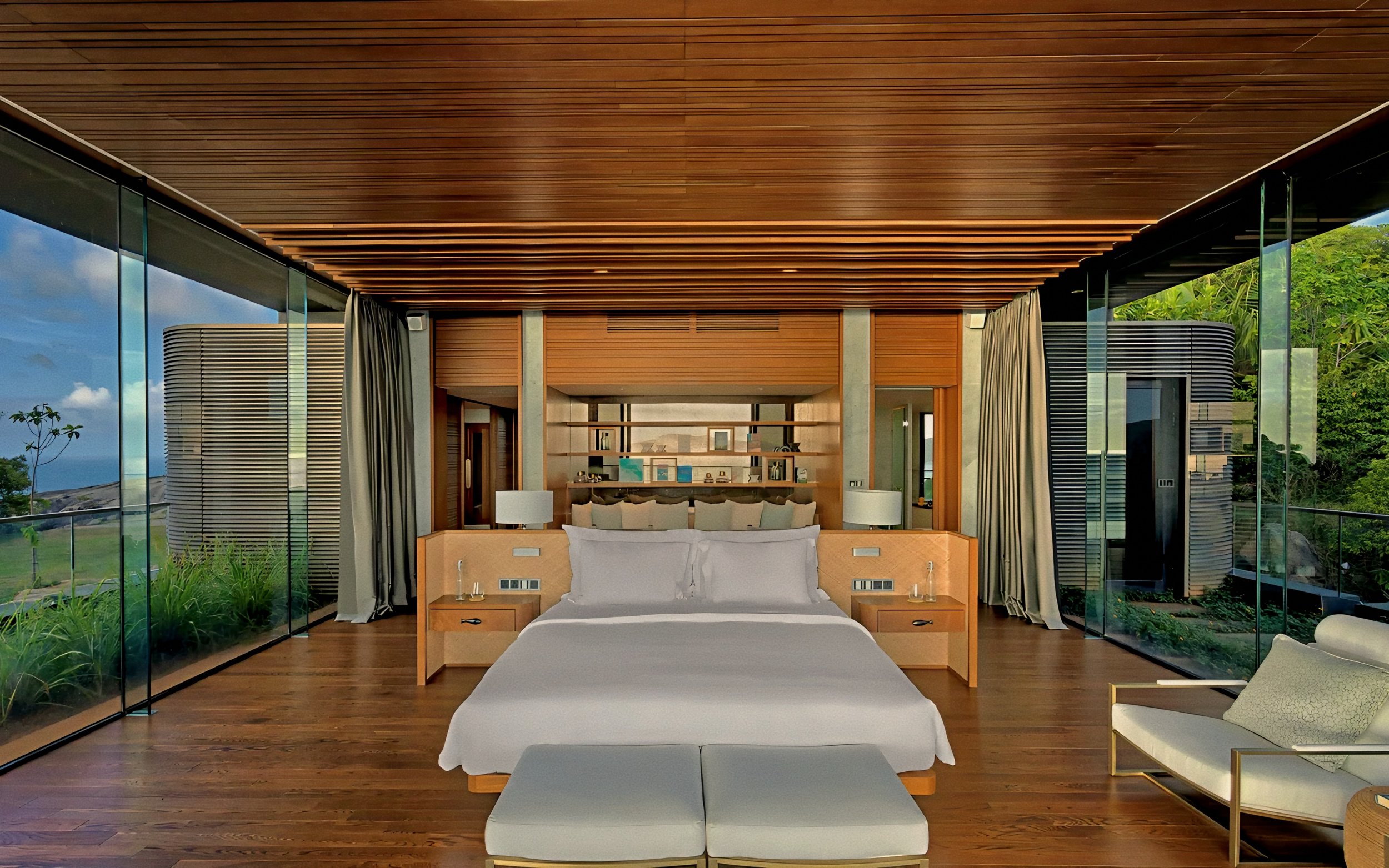Minimalist timber bedroom suite at Six Senses Zil Pasyon, Felicite Island luxury hotel in Seychelles.