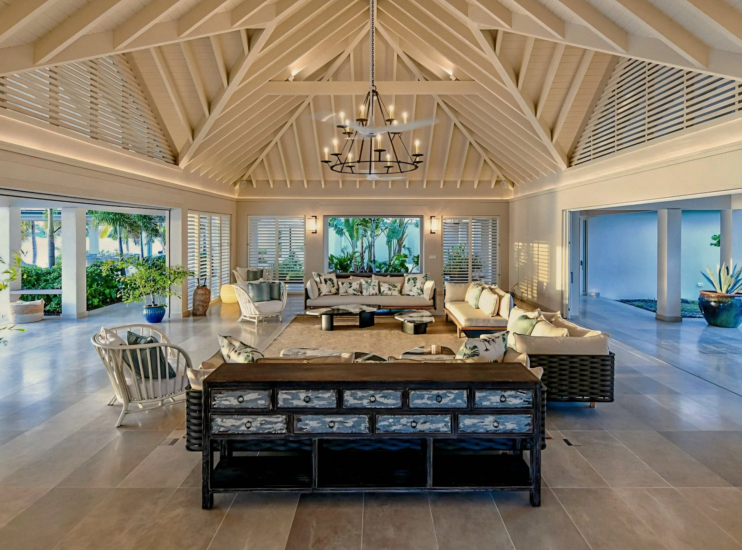 Cathedral-ceiling living salon architecture at Jumby Bay luxury private island, Antigua.