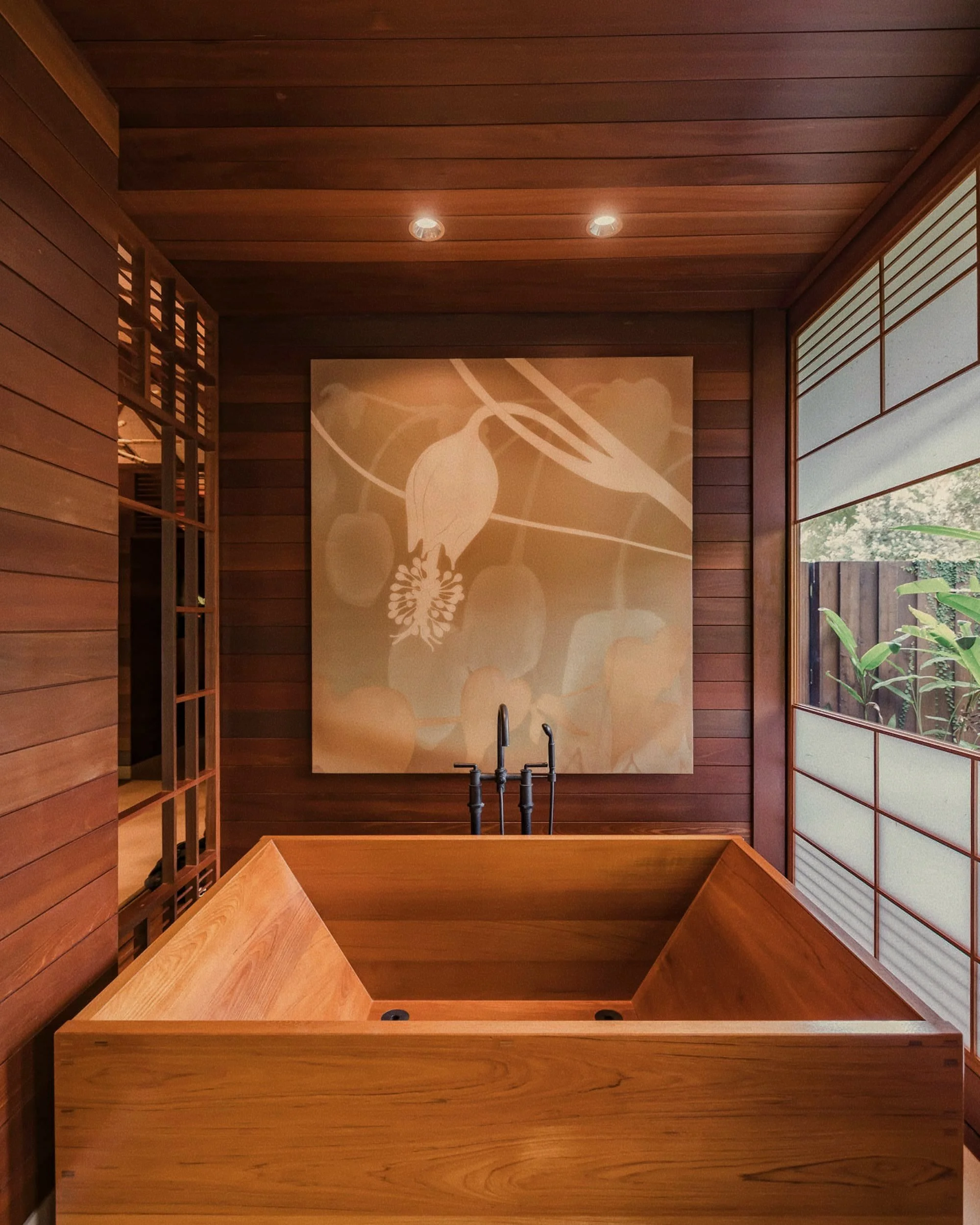 Square Hinoki soaking tub and cedar shoji screens Sensei Lanai, A Four Seasons Resort, is a luxury wellness and spa retreat in Kōʻele, Hawaii.