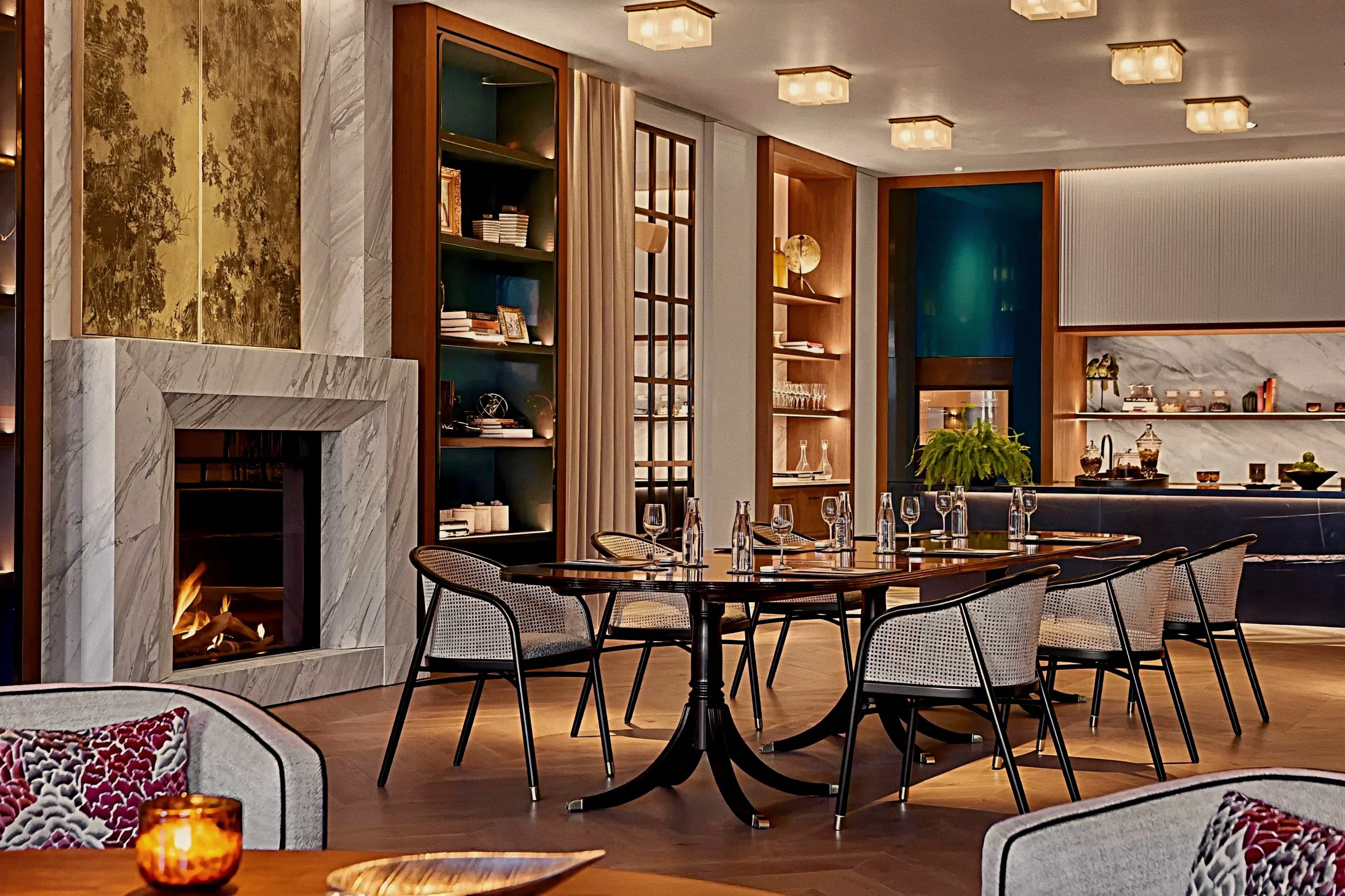 Bespoke private dining salon with hearth at Rosewood Villa Magna in Salamanca Madrid Spain.