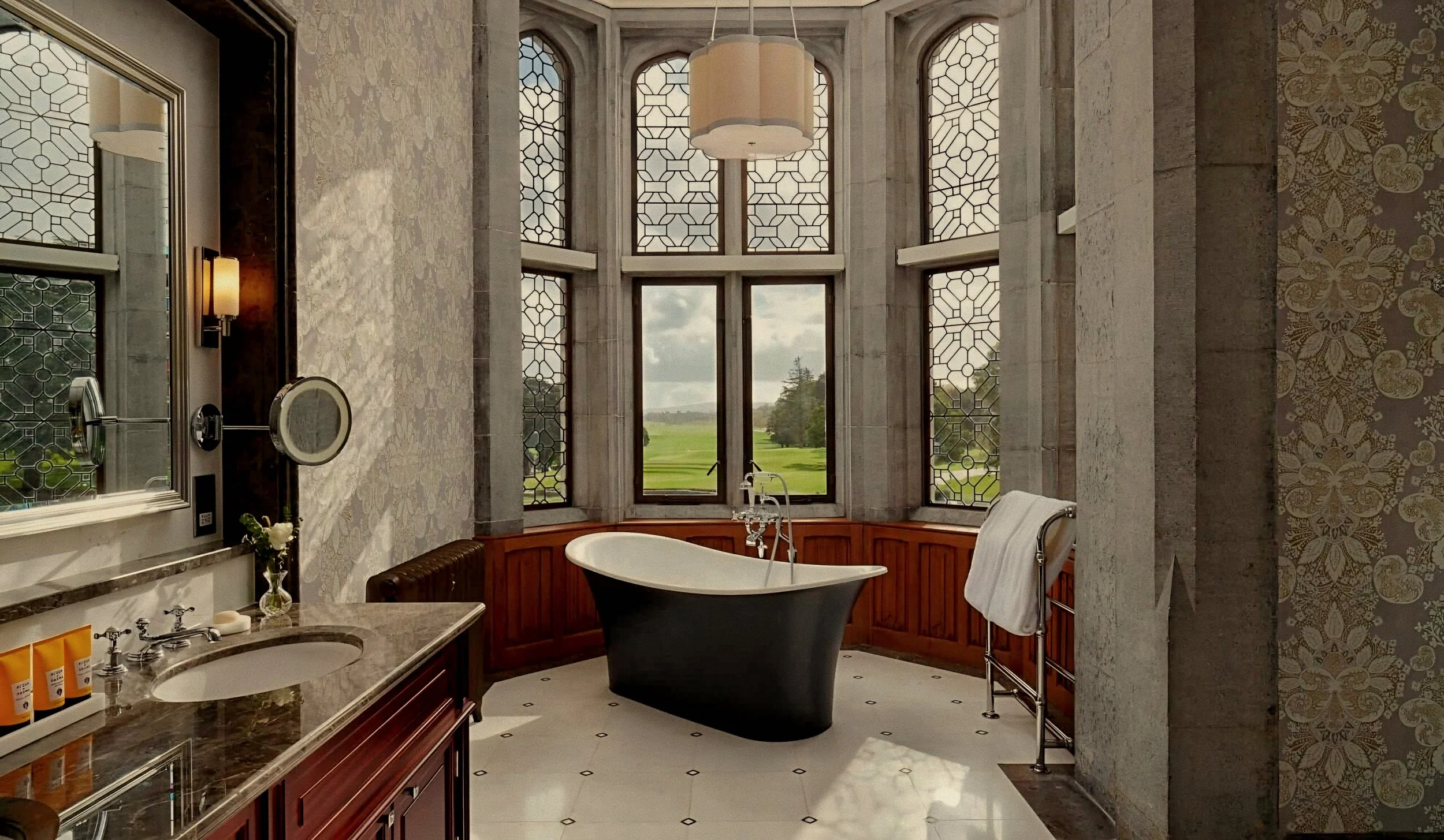 Black pedestal tub and cabochon marble floor in bath at Adare Manor luxury hotel in Ireland.