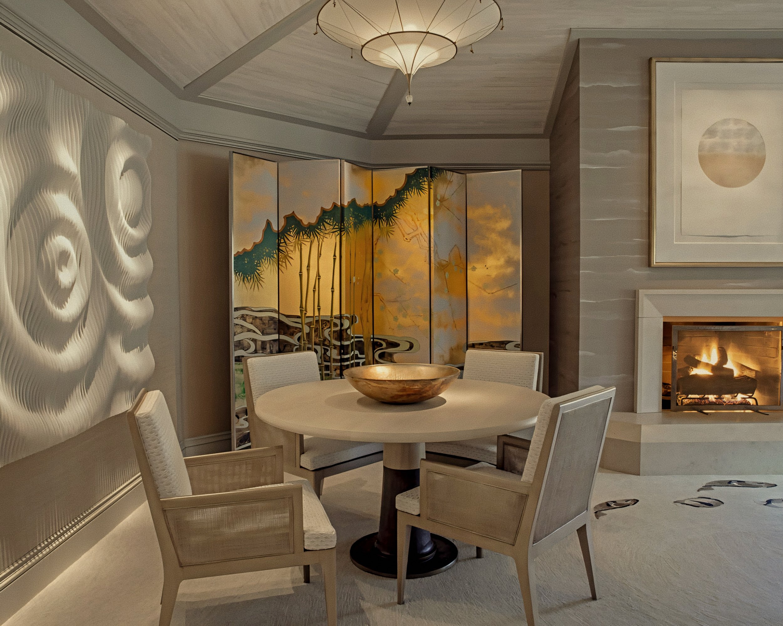 Gilded folding screen and stone hearth dining room Sensei Lanai, A Four Seasons Resort, is a luxury wellness and spa retreat in Kōʻele, Hawaii.
