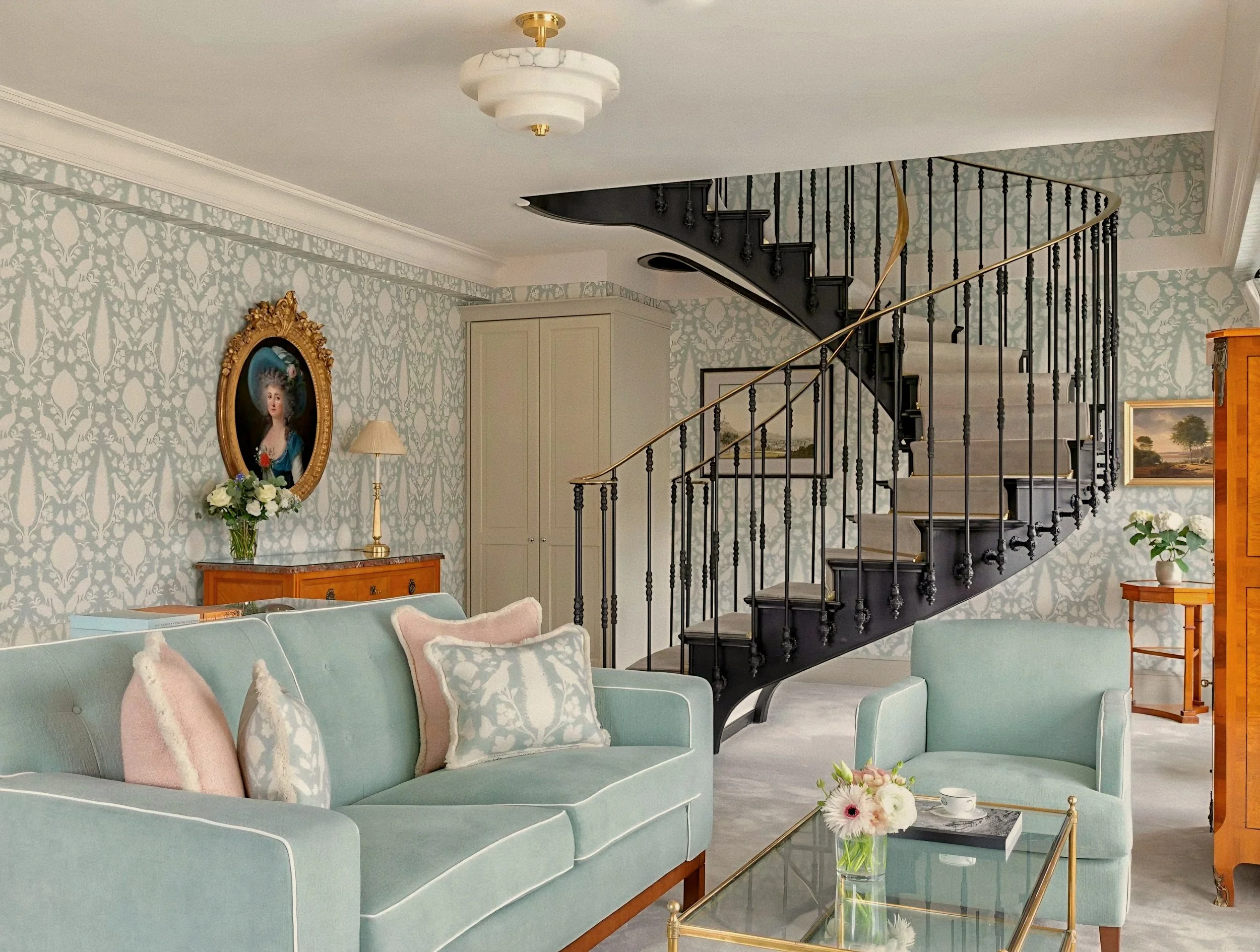 Spiral staircase and damask suite at Brenners Park-Hotel & Spa, Lichtentaler Allee, Baden-Baden, Germany.