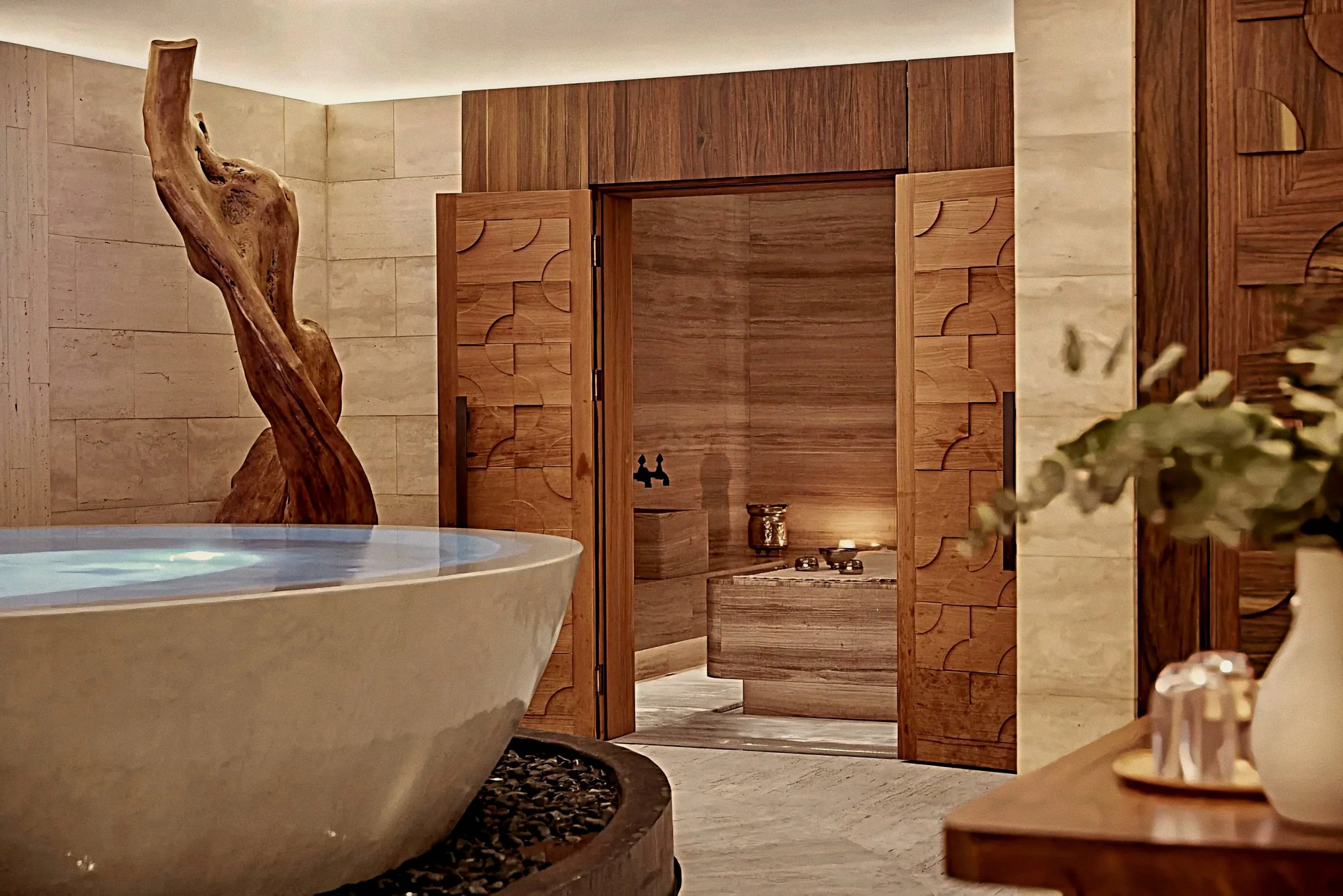 Serene Sense Spa bath with stone walls and organic art at Rosewood Villa Magna Salamanca Madrid Spain