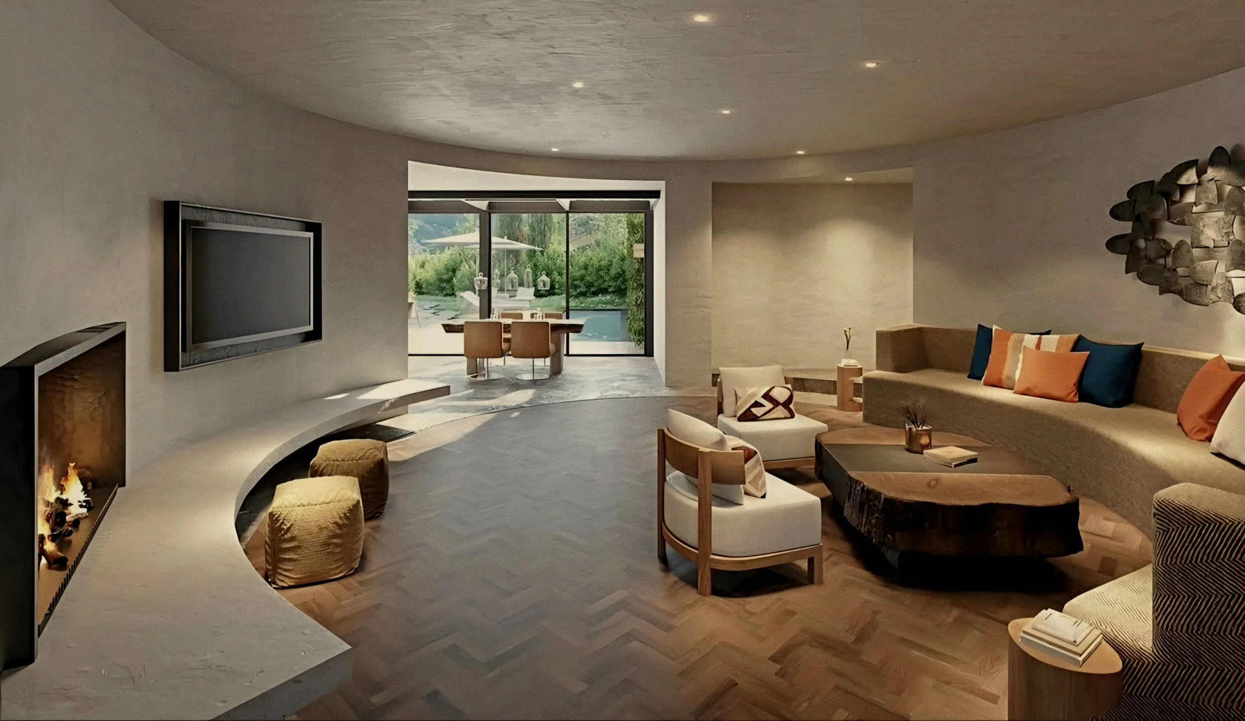 Curved plaster hearth and live edge table living room Six Senses Douro Valley Luxury Hotel in Portugal.