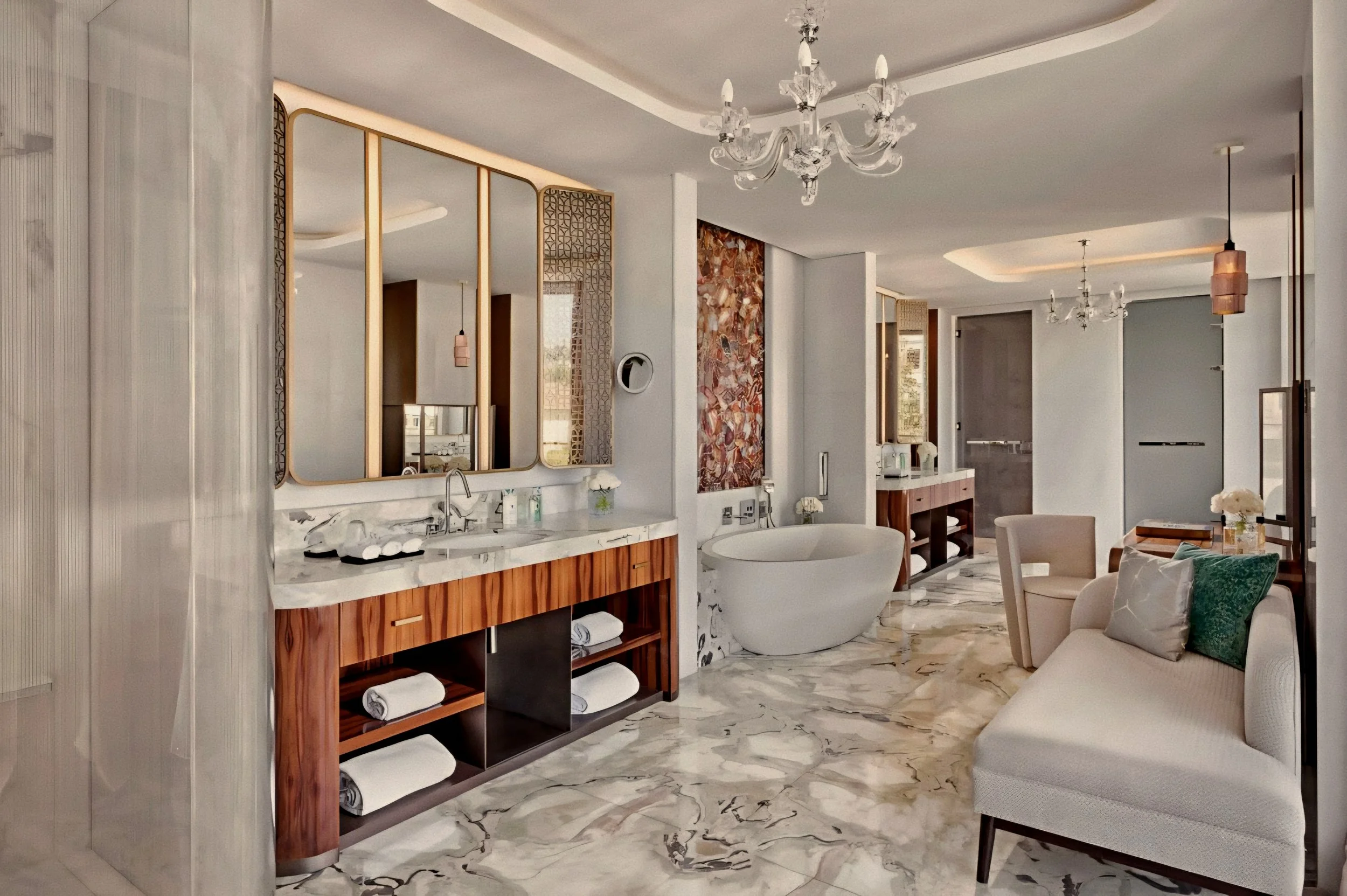 Soaking tub and veined marble bathroom floor at Mandarin Oriental Bosphorus, Istanbul.