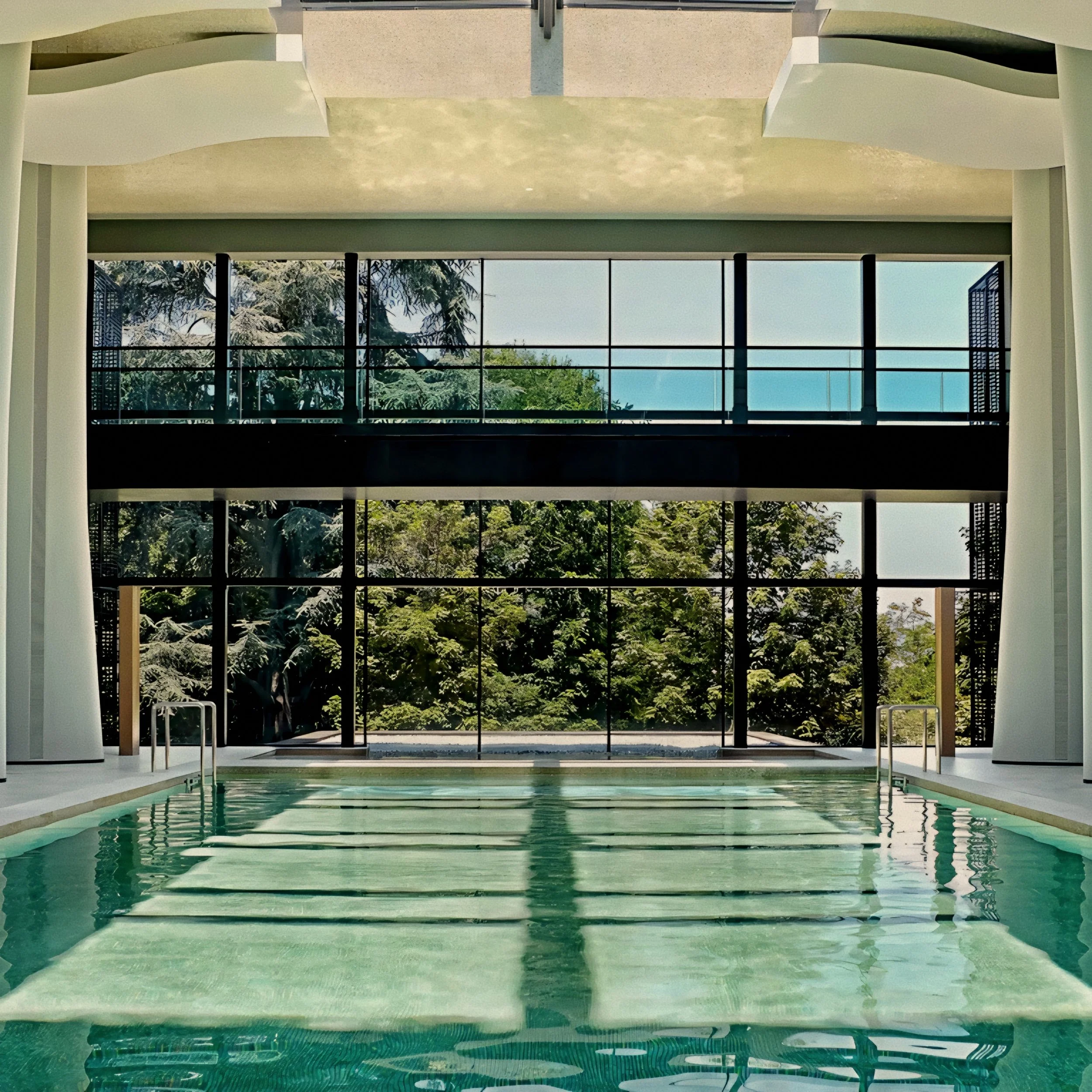 Fluted columns and indoor lap pool sanctuary Six Senses Douro Valley Luxury Hotel in Portugal.