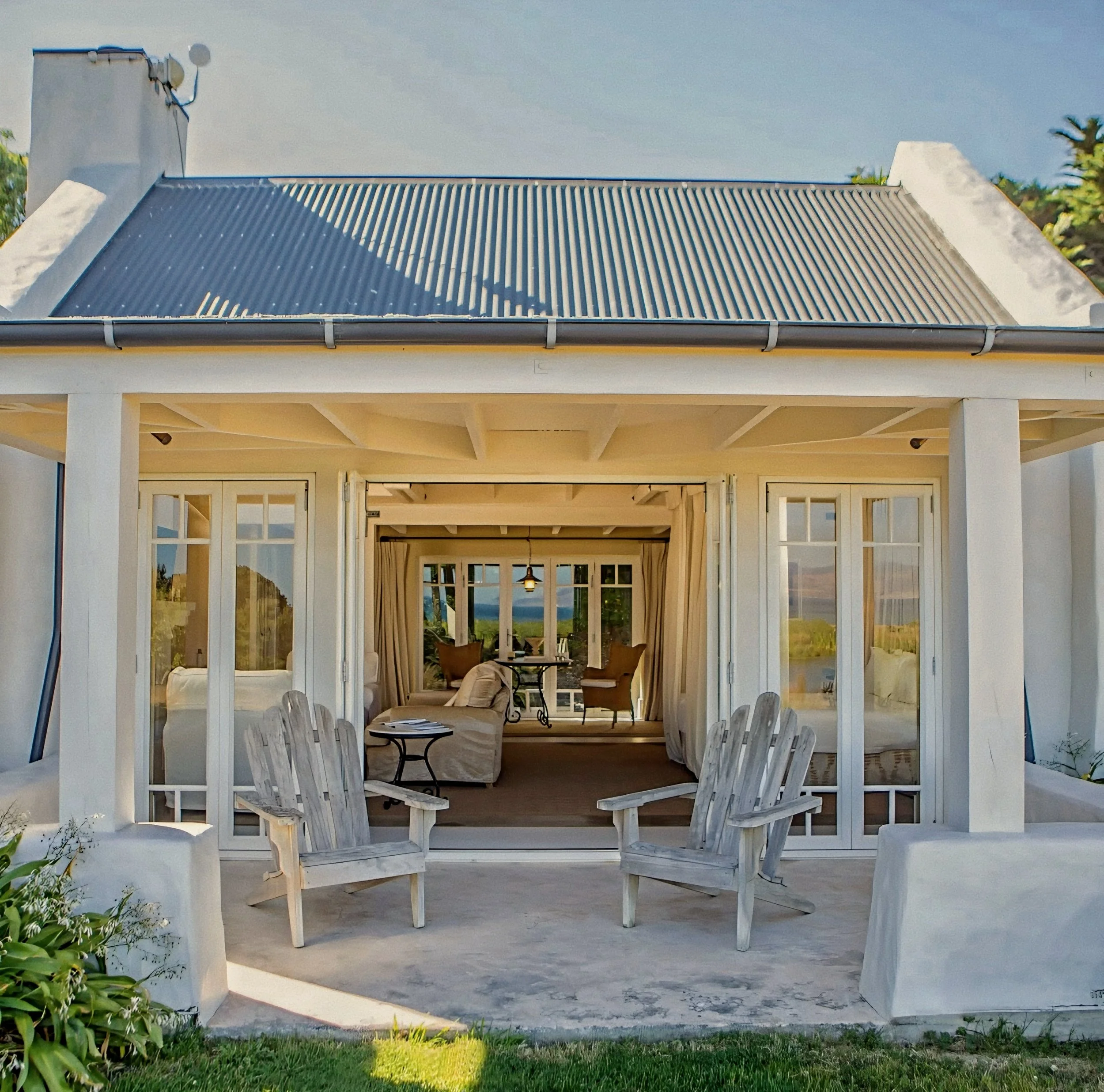 Covered cottage verandah with ocean views by Virginia Fisher at Wharekauhau Country Estate, Palliser Bay, New Zealand.