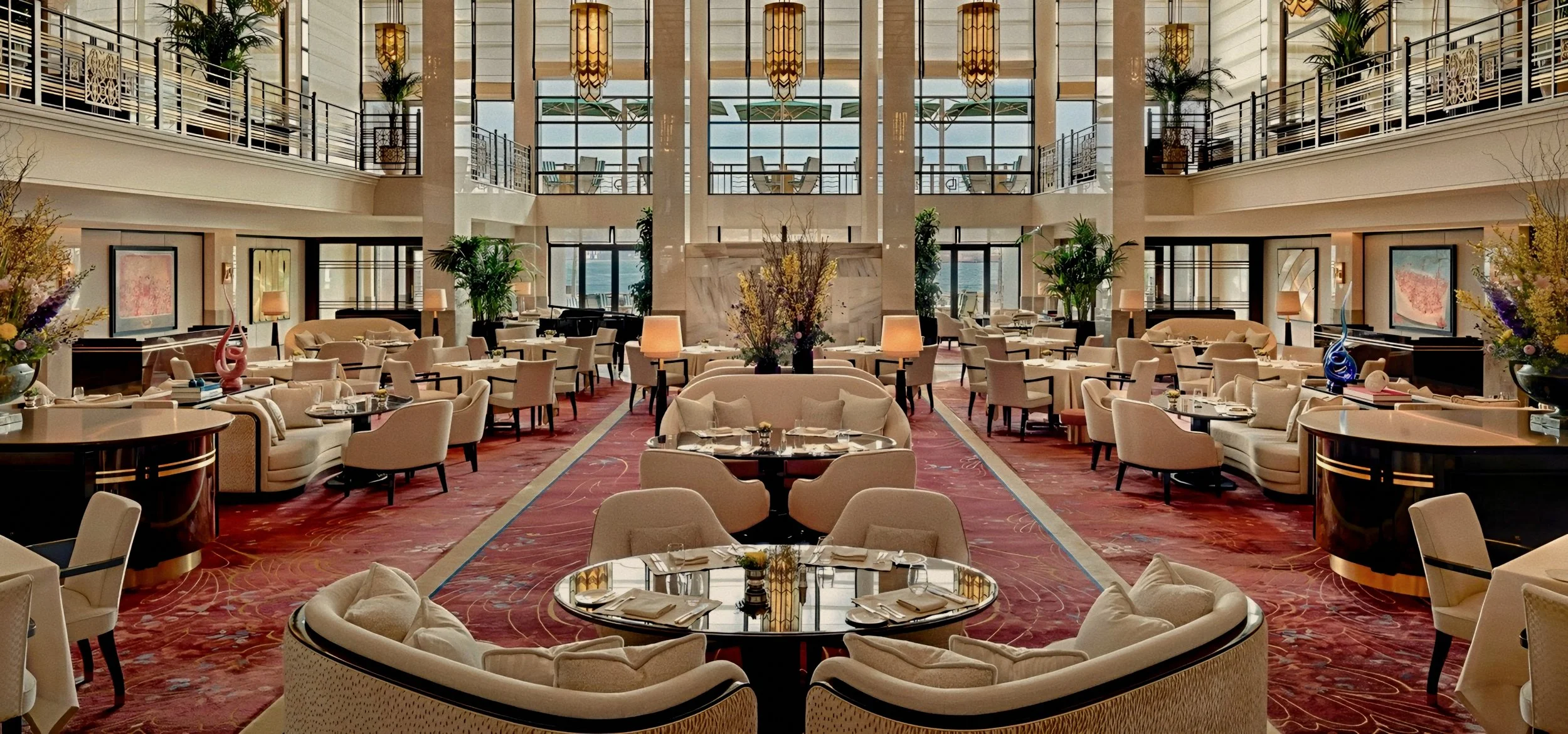 Grand double-height lobby salon at The Peninsula Istanbul in Karaköy near Galataport along the Bosphorus.