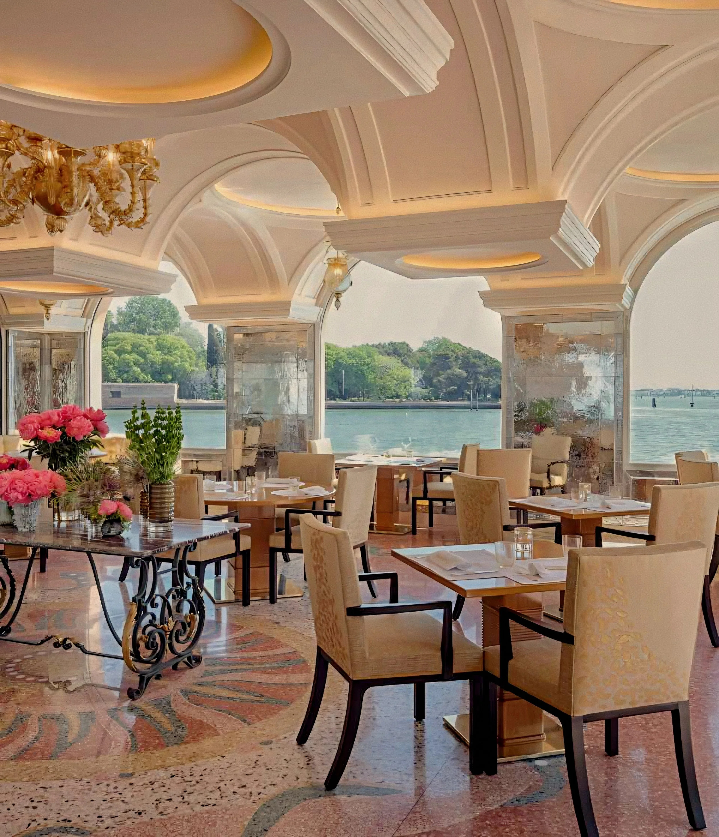 Venetian terrazzo floor and island view at Oro Michelin-Starred Restaurant Belmond Hotel Cipriani Venice, Italy.