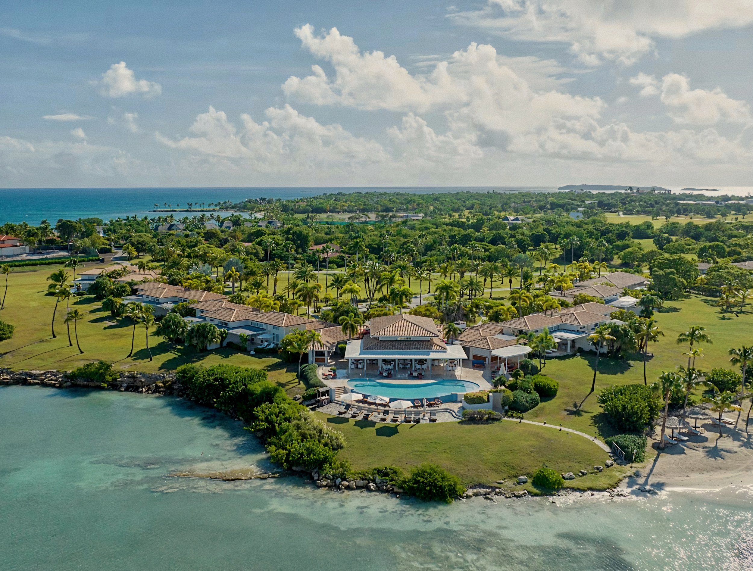 Aerial view of private coastal estate at Jumby Bay luxury private island, Antigua.