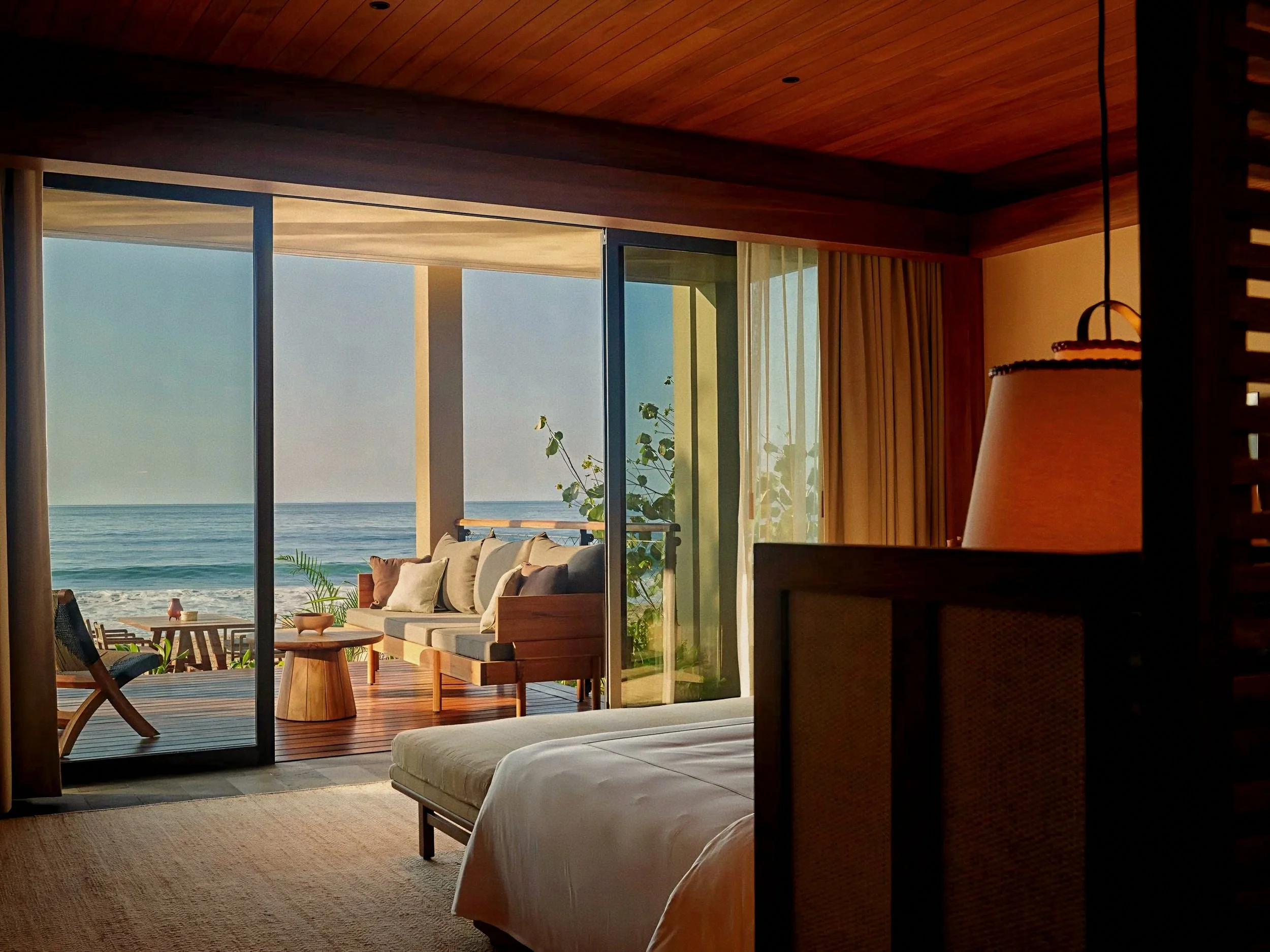 Oceanfront bedroom suite at Rosewood Mandarina, Monteón luxury resort in Riviera Nayarit, Mexico.