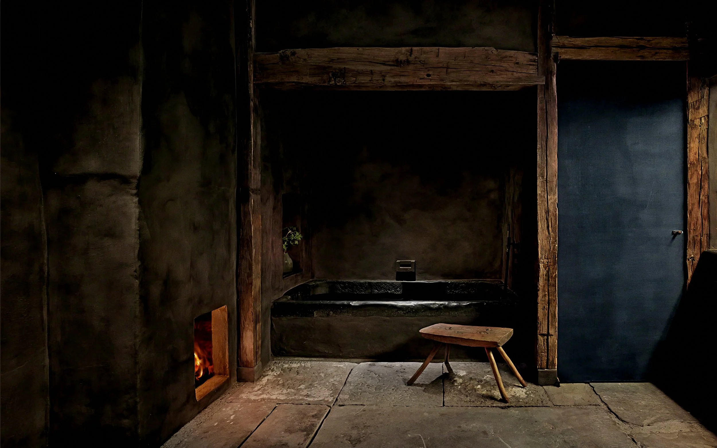 Patinated clay plaster and firelit stone bath at Axel Vervoordt TriBeCa penthouse, New York.